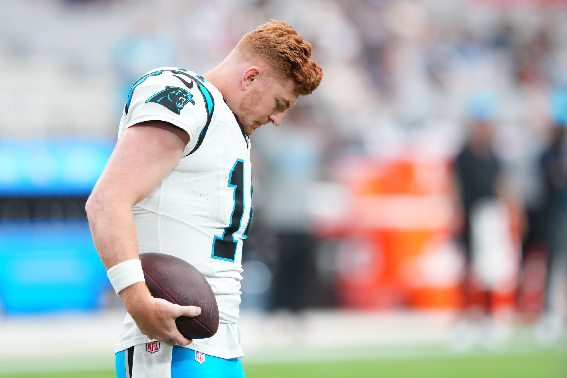 Carolina Panthers quarterback Andy Dalton (14) warms up prior to the first half against the Arizona Cardinals at State Farm Stadium.