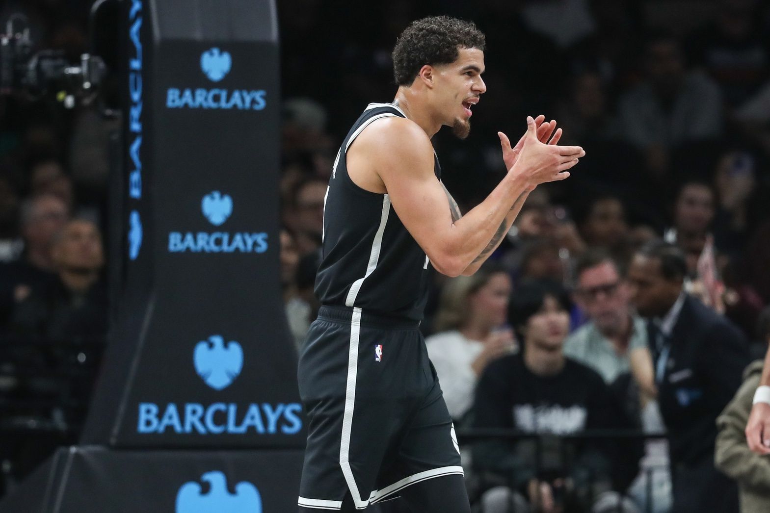 Brooklyn Nets forward Michael Porter Jr. (17) celebrates during a timeout in the fourth quarter against the Cleveland Cavaliers at Barclays Center.