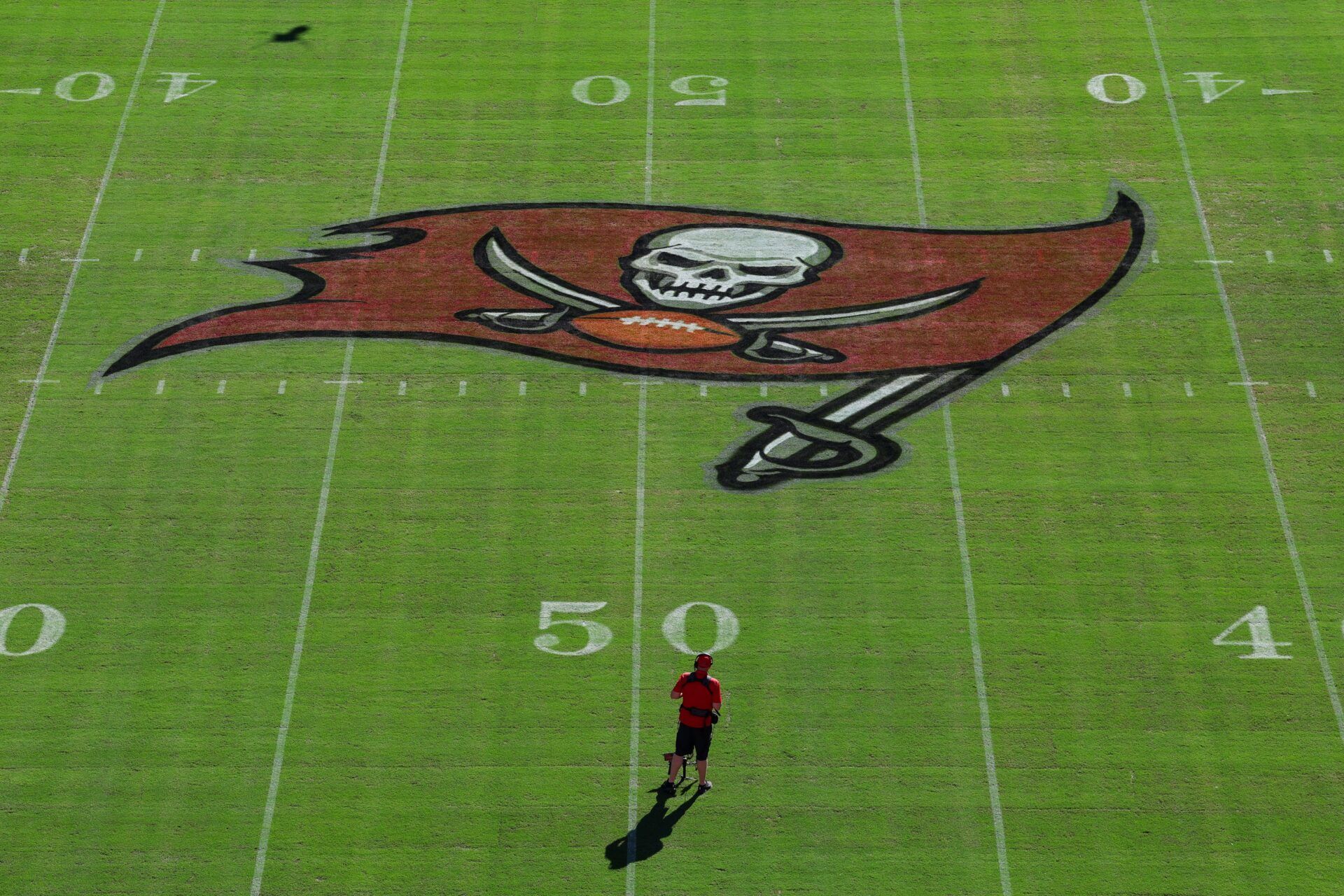 A general view of the Tampa Bay Buccaneers logo at Raymond James Stadium before the game between Philadelphia Eagles and Tampa Bay Buccaneers.