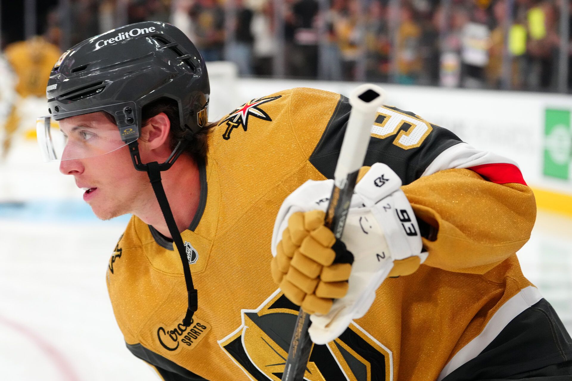 Vegas Golden Knights right wing Mitch Marner (93) warms up before a game against the Calgary Flames at T-Mobile Arena.