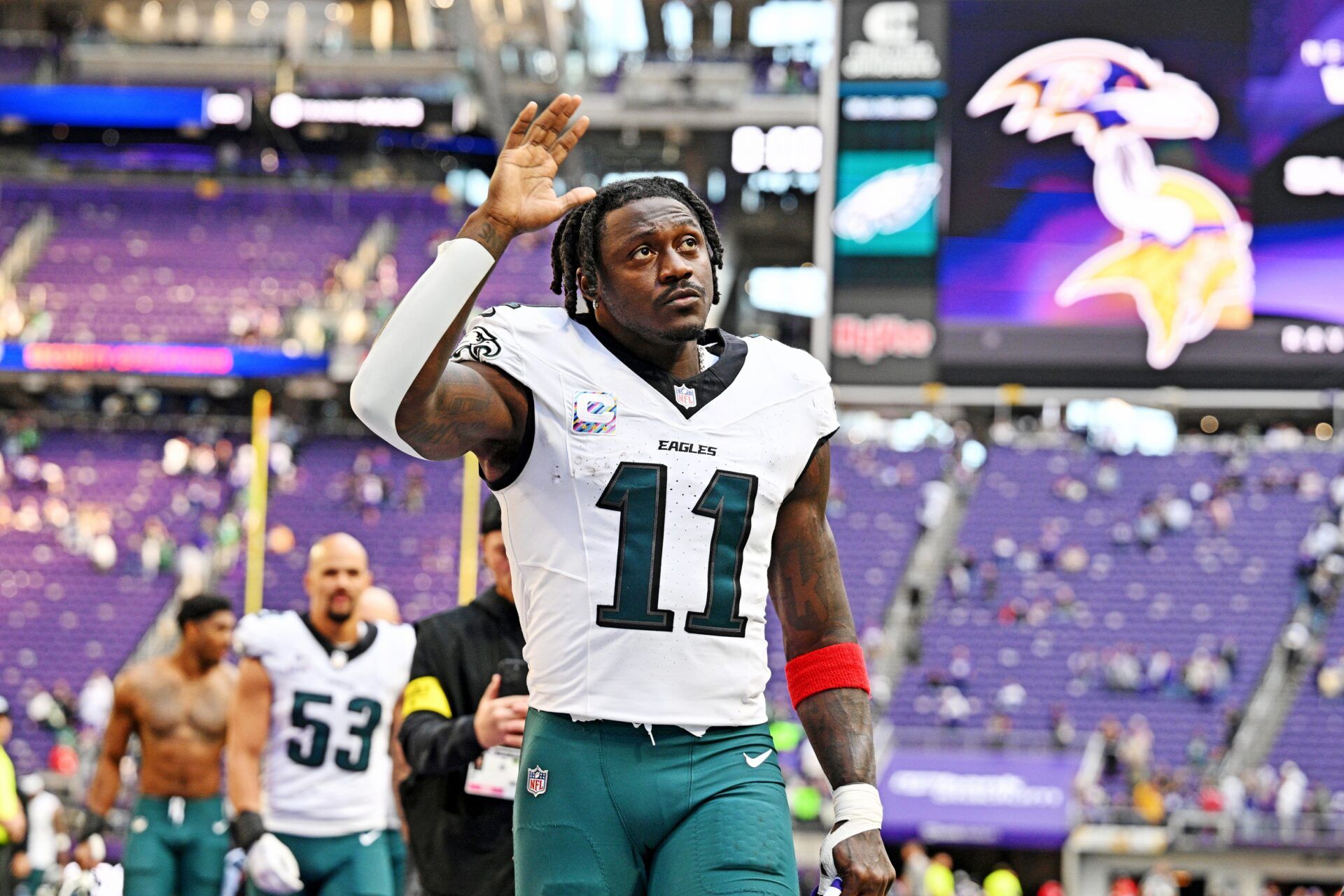 Philadelphia Eagles wide receiver A.J. Brown (11) celebrates after the win against the Minnesota Vikings at U.S. Bank Stadium.