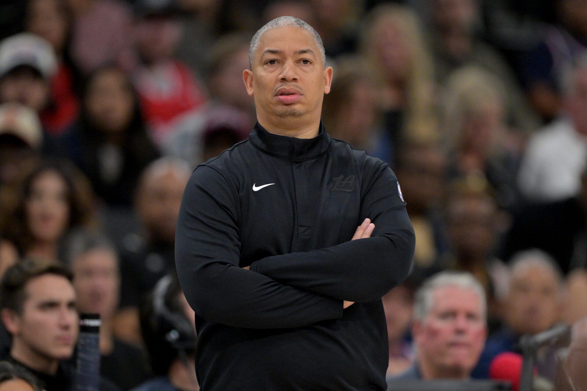 Los Angeles Clippers head coach Tyronn Lue looks on in the first half against the Phoenix Suns at Intuit Dome.