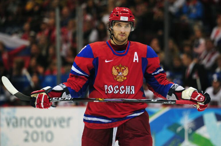 Russia forward Alexander Ovechkin (8) rests during a timeout in the third period during the preliminary round of group B play of the 2010 Vancouver Olympics against Czech Republic at the Canada Hockey Place. Russia defeated Czech Republic 4-2.