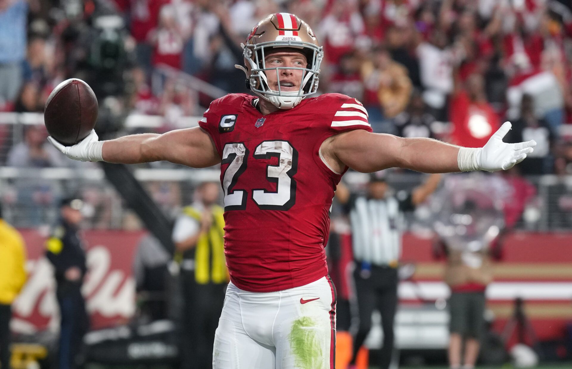 San Francisco 49ers running back Christian McCaffrey (23) celebrates after a touchdown during the second quarter against the Atlanta Falcons at Levi's Stadium.