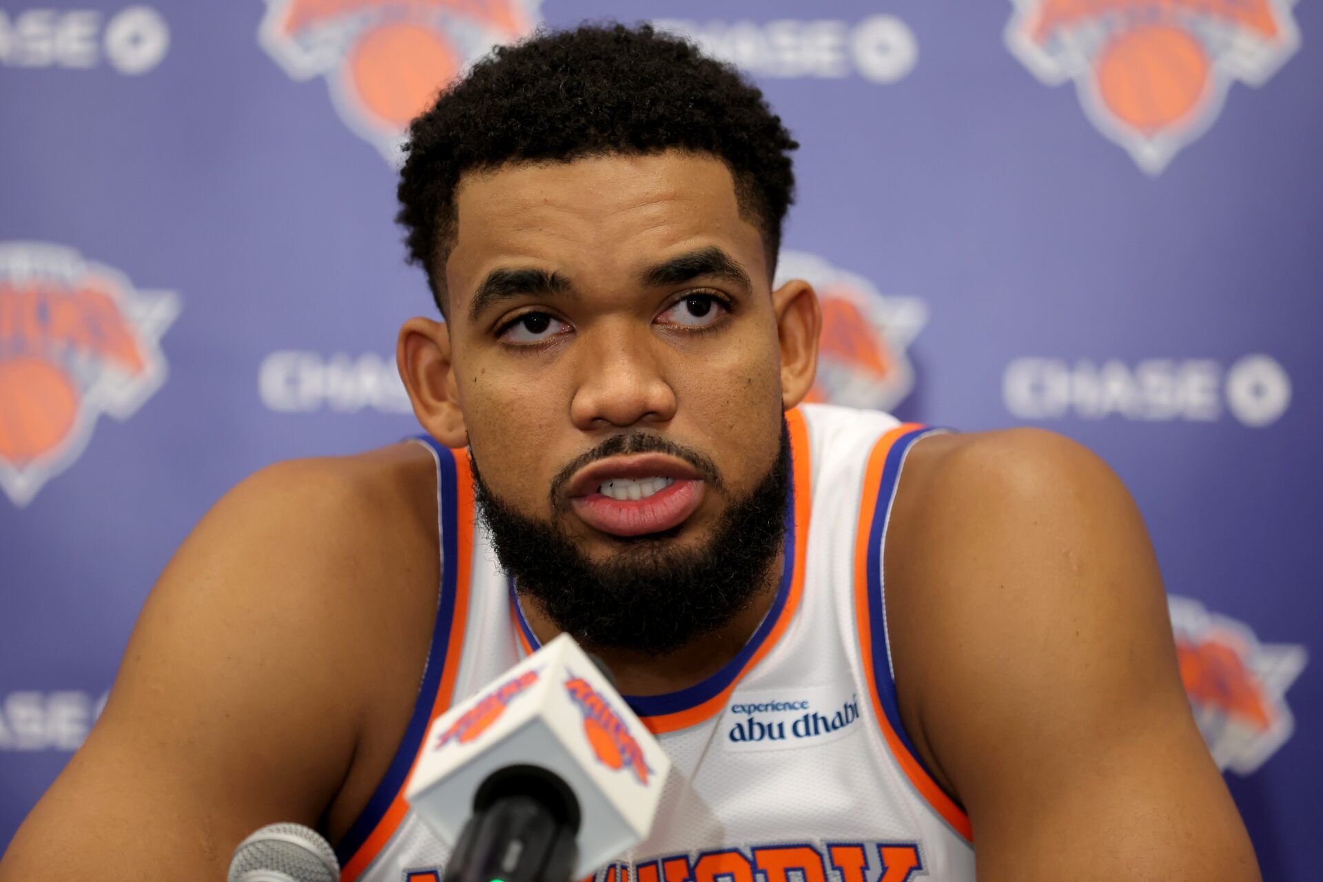 New York Knicks center Karl-Anthony Towns speaks to the media during a media day press conference at the Madison Square Garden training center.
