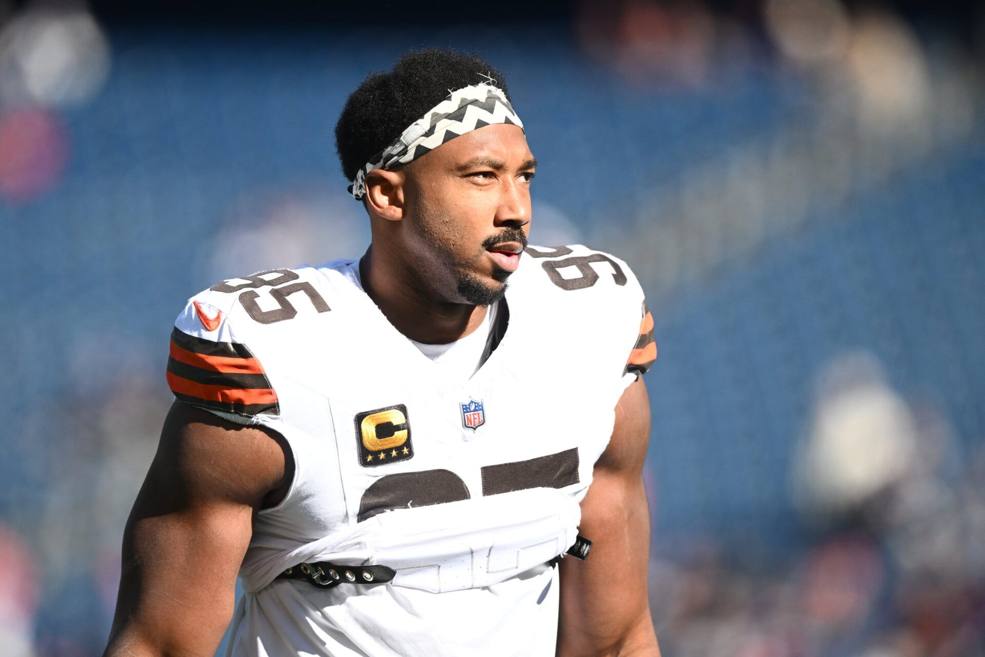 Cleveland Browns defensive end Myles Garrett (95) looks on during warm up prior to the game against the New England Patriots at Gillette Stadium.