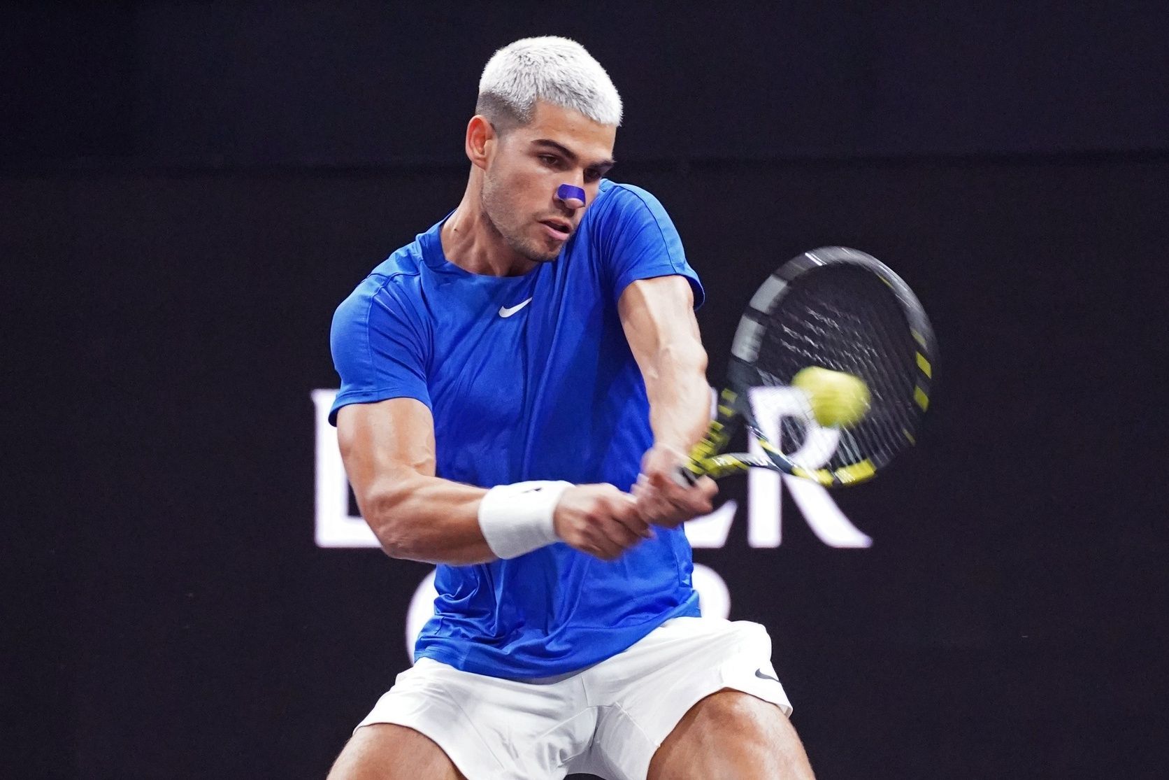 Team Europe player Carlos Alcaraz returns a shot from Team World player Francisco Cerundolo during the Laver Cup at Chase Center.