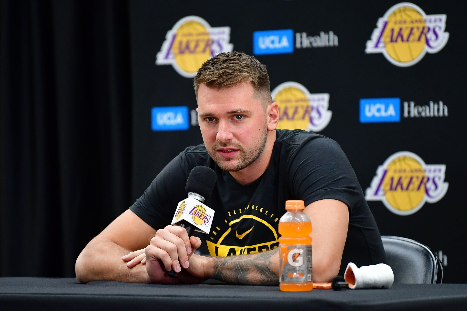 Los Angeles Lakers guard Luka Doncic (77) during media day at UCLA Health Training Center.