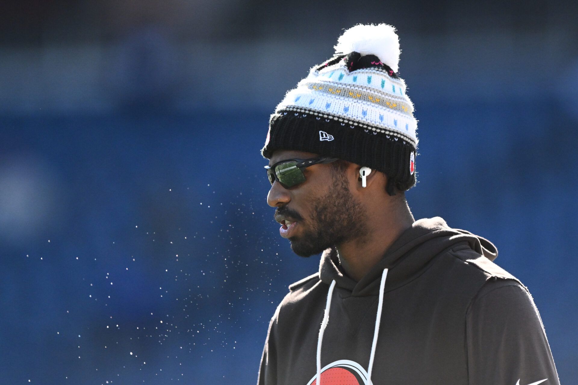 Cleveland Browns quarterback Shedeur Sanders (12) looks on during warm up prior to the game against the New England Patriots at Gillette Stadium.