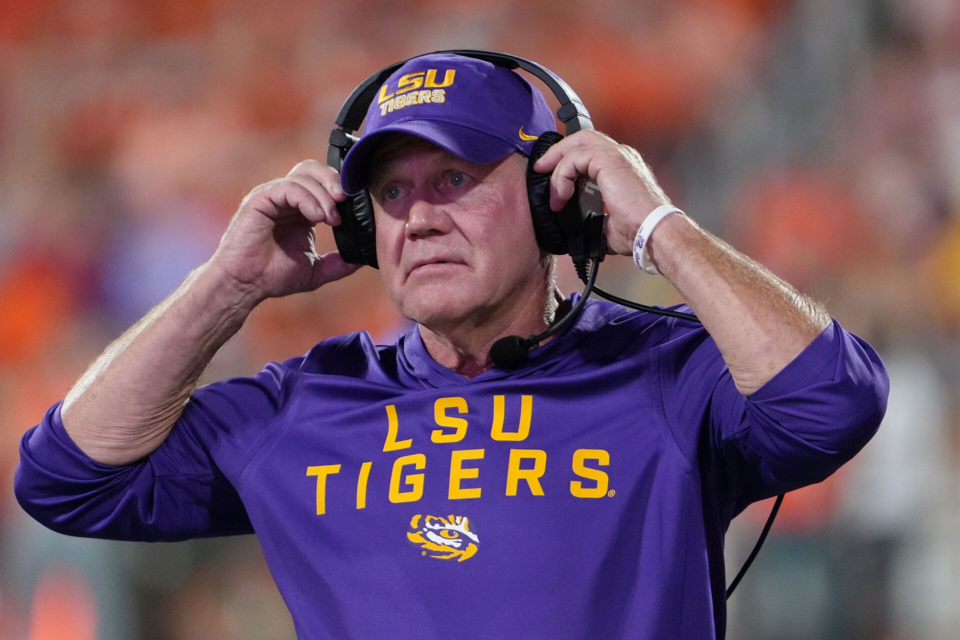 LSU Tigers head coach Brian Kelly looks on during the second half at Memorial Stadium.