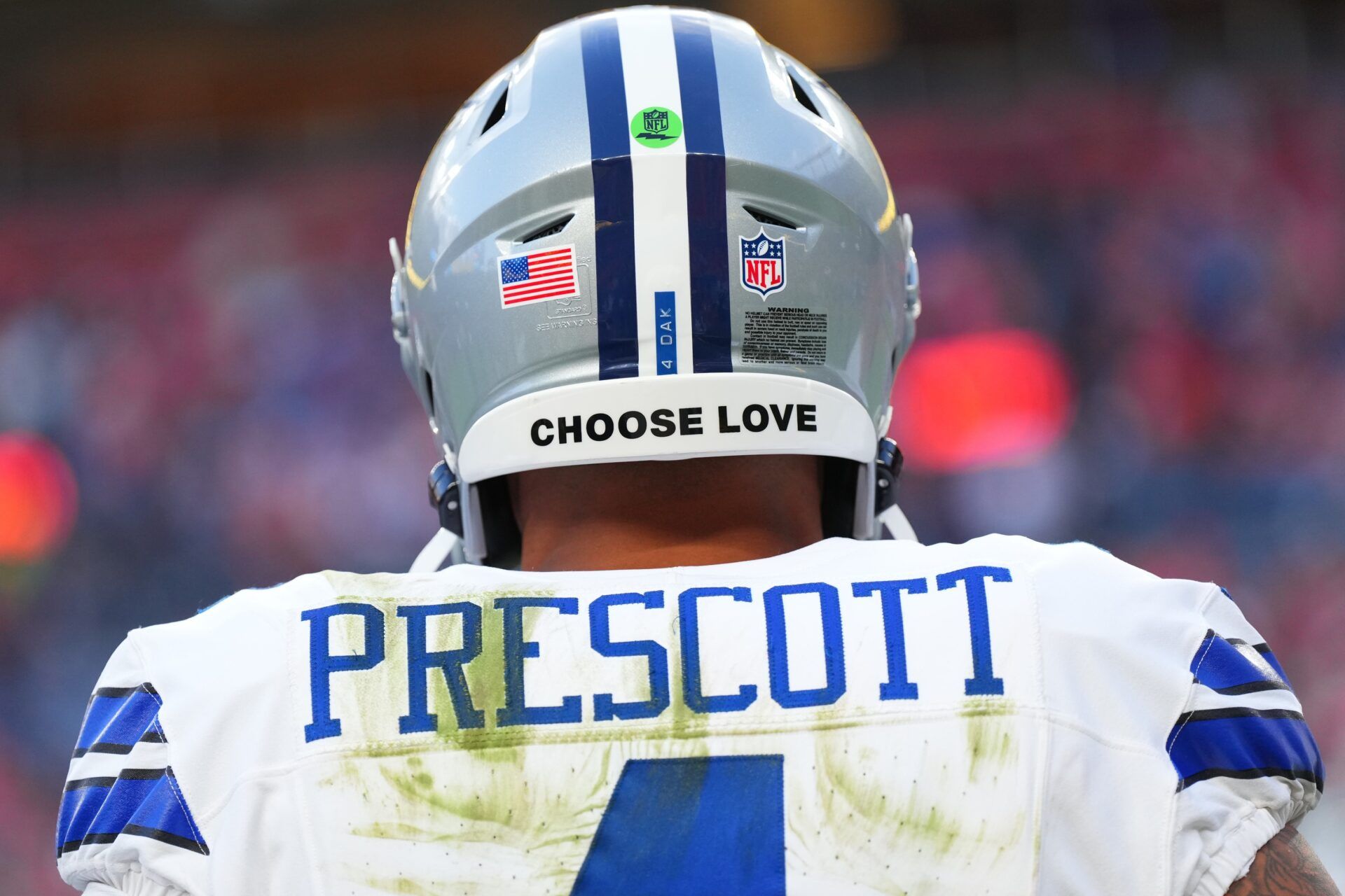 Detail view of the helmet worn by Dallas Cowboys quarterback Dak Prescott (4) in the second half against the Denver Broncos at Empower Field at Mile High.