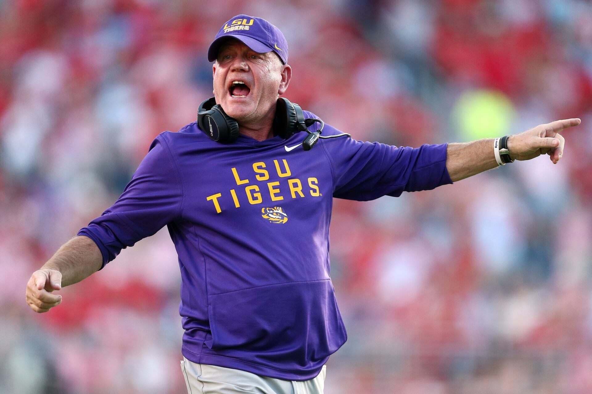 LSU Tigers head coach Brian Kelly reacts during the fourth quarter against the Mississippi Rebels at Vaught-Hemingway Stadium.