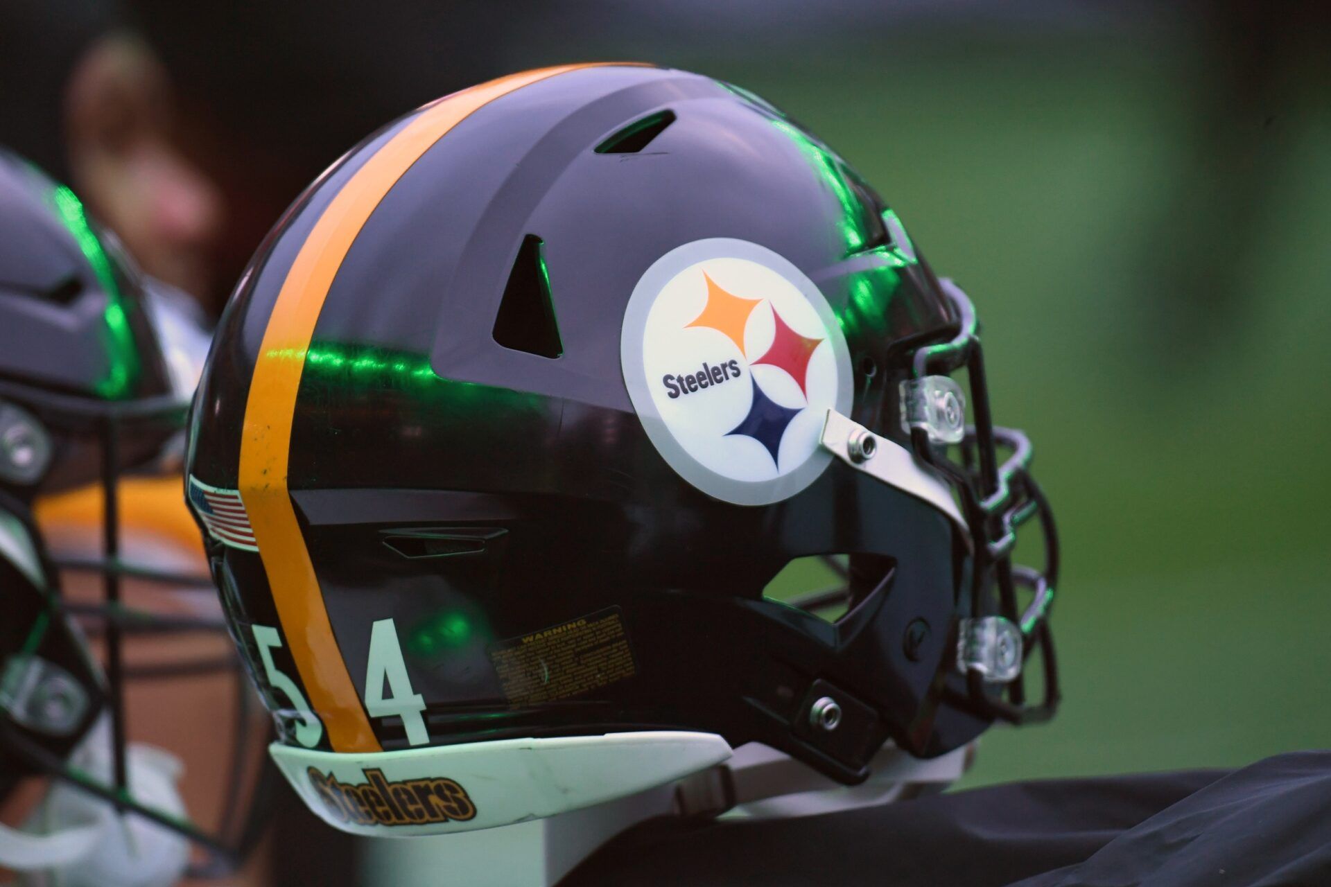 Pittsburgh Steelers helmet on the sidelines against the Philadelphia Eagles at Lincoln Financial Field.