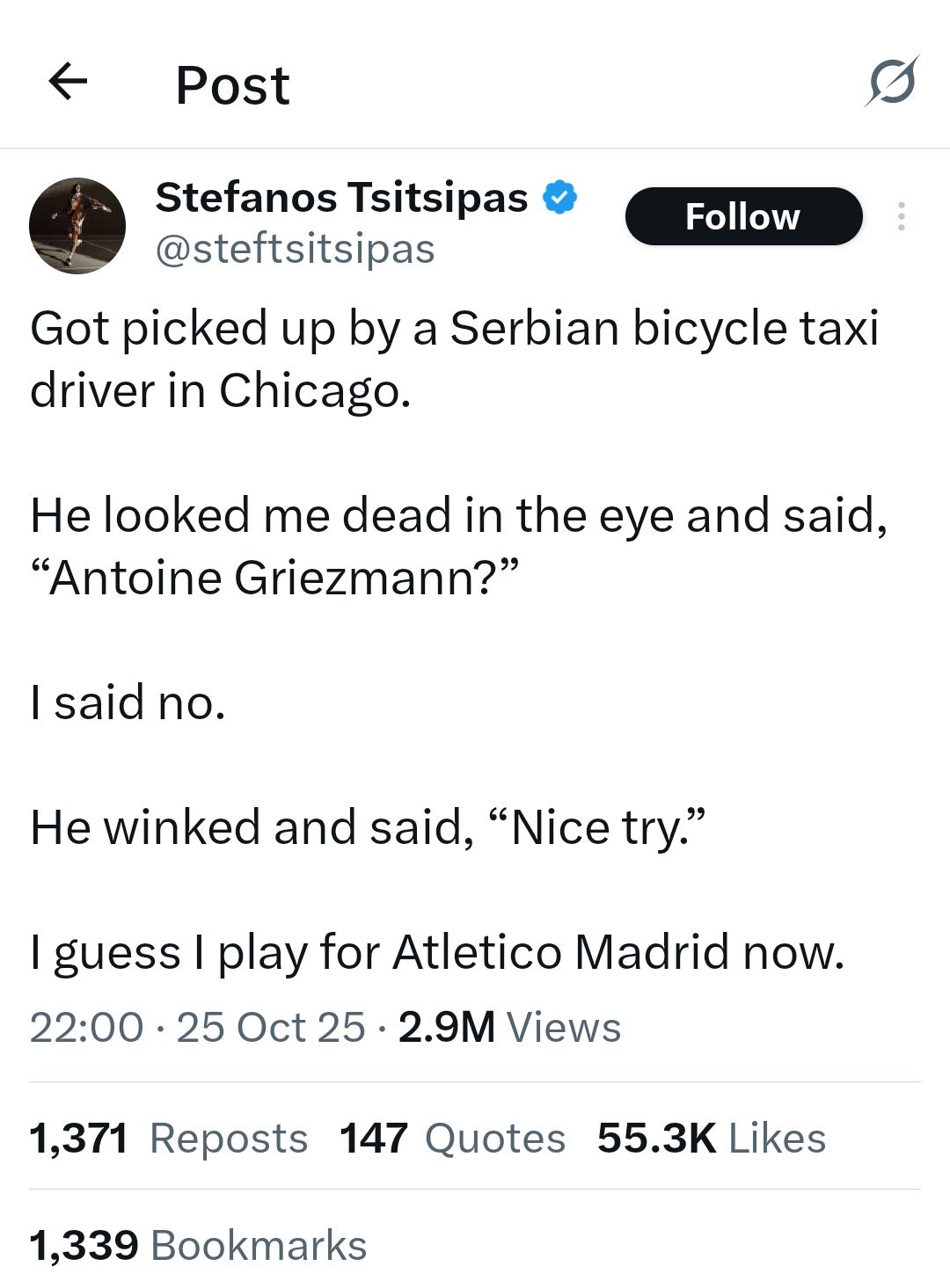 Screen grab of Stefanos Tsitsipas' post