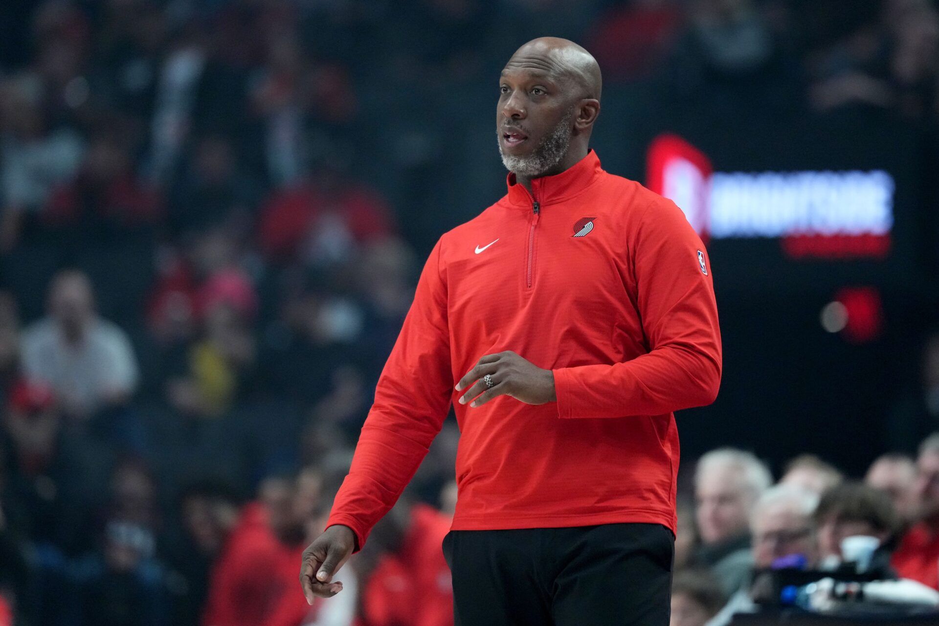 Portland Trail Blazers head coach Chauncey Billups watches from the sideline during the first half against the San Antonio Spurs at Moda Center.