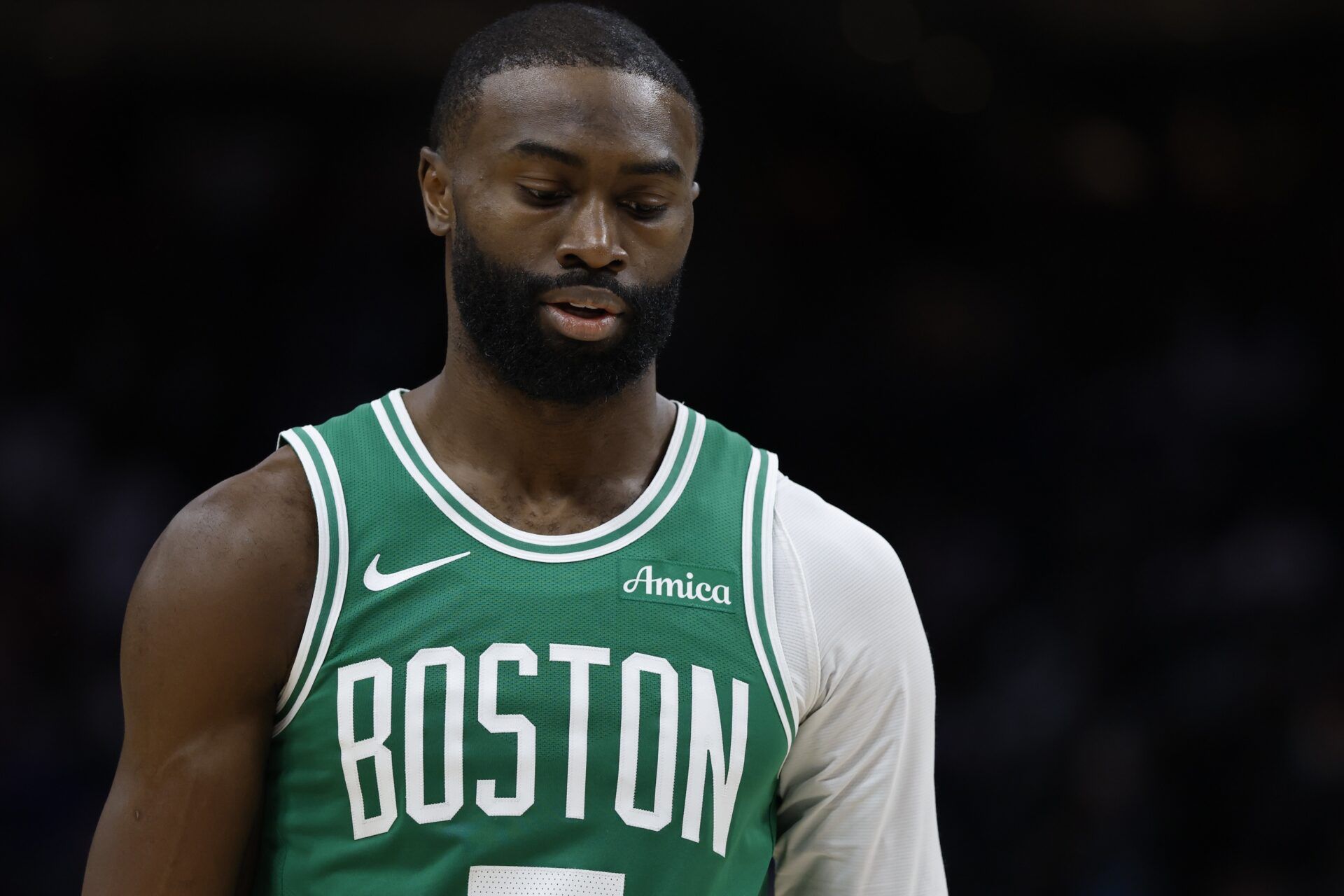 Boston Celtics guard Jaylen Brown (7) reacts in the second half against the Detroit Pistons at Little Caesars Arena.