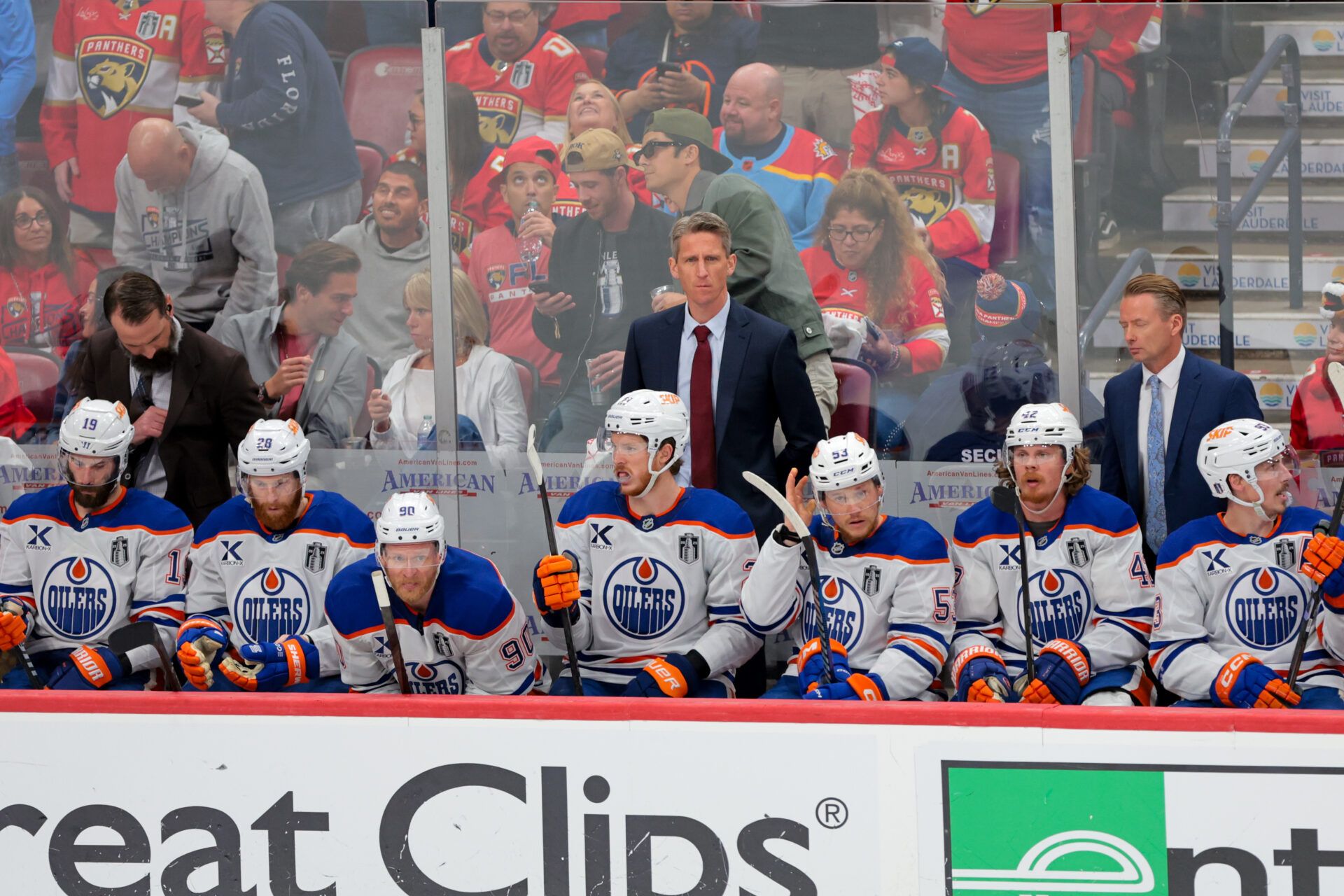 Edmonton Oilers head coach Kris Knoblauch looks on from the bench during the third period in game six of the 2025 Stanley Cup Final at Amerant Bank Arena.