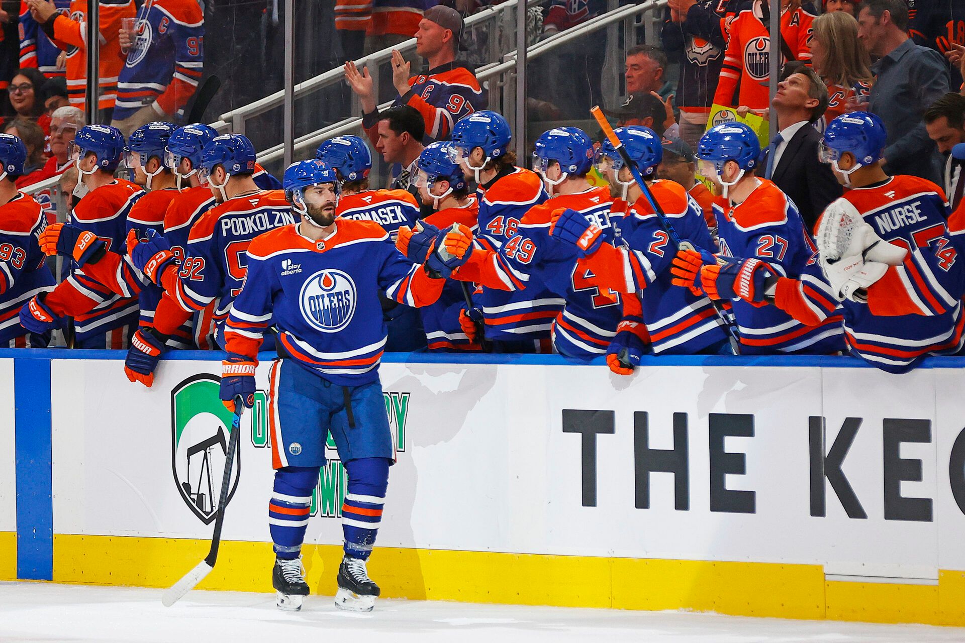 The Edmonton Oilers celebrate a goal scored by forward Adam Henrique (19) during the second period against the Montreal Canadiens at Rogers Place.