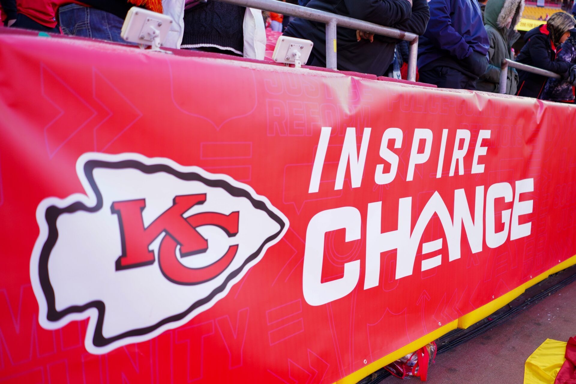 A general view of the NFL Inspire Change logo on field prior to a game between the Kansas City Chiefs and Houston Texans at GEHA Field at Arrowhead Stadium.