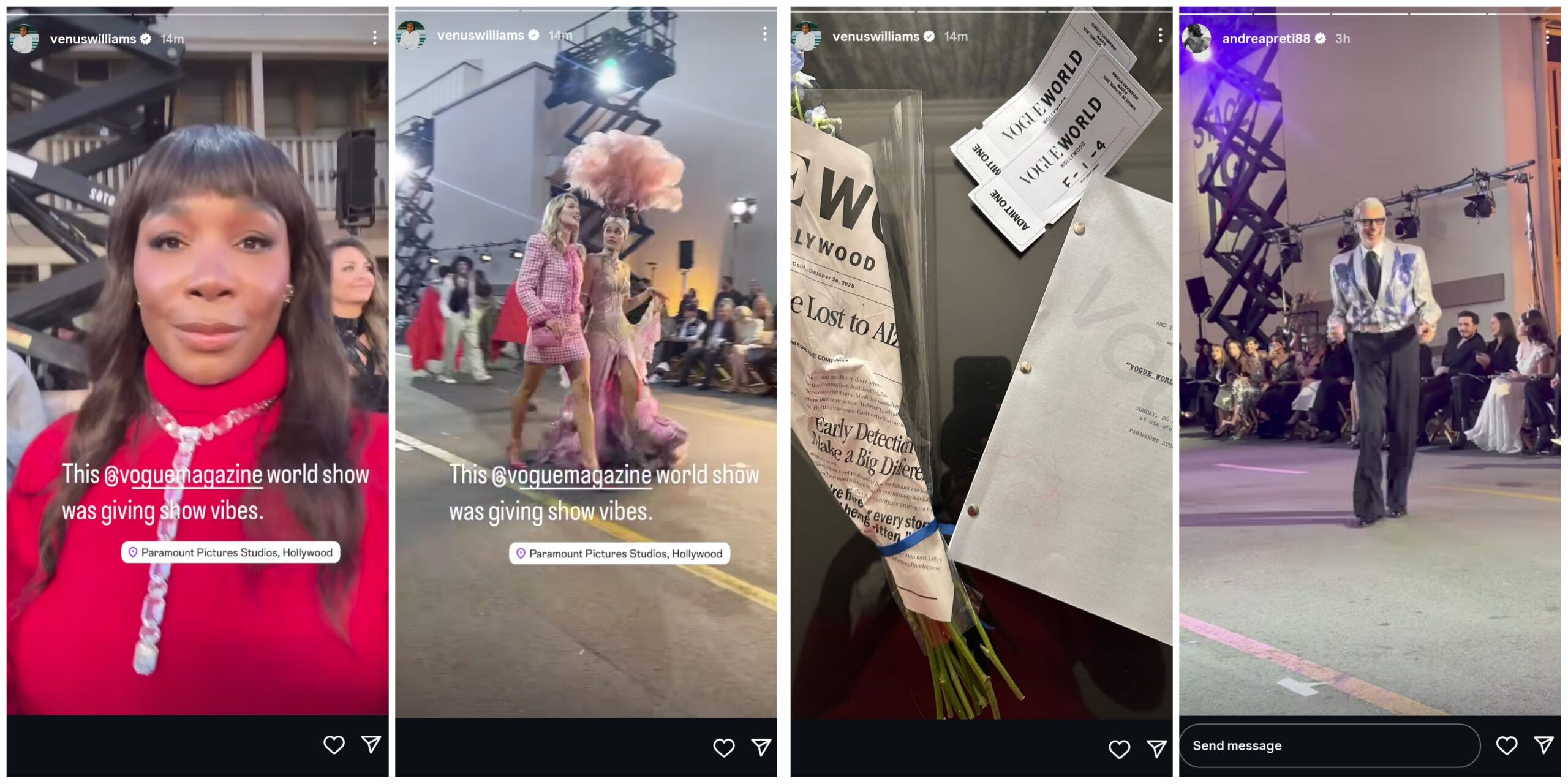 Screen grab of Venus Williams and Andrea Preti's Instagram stories