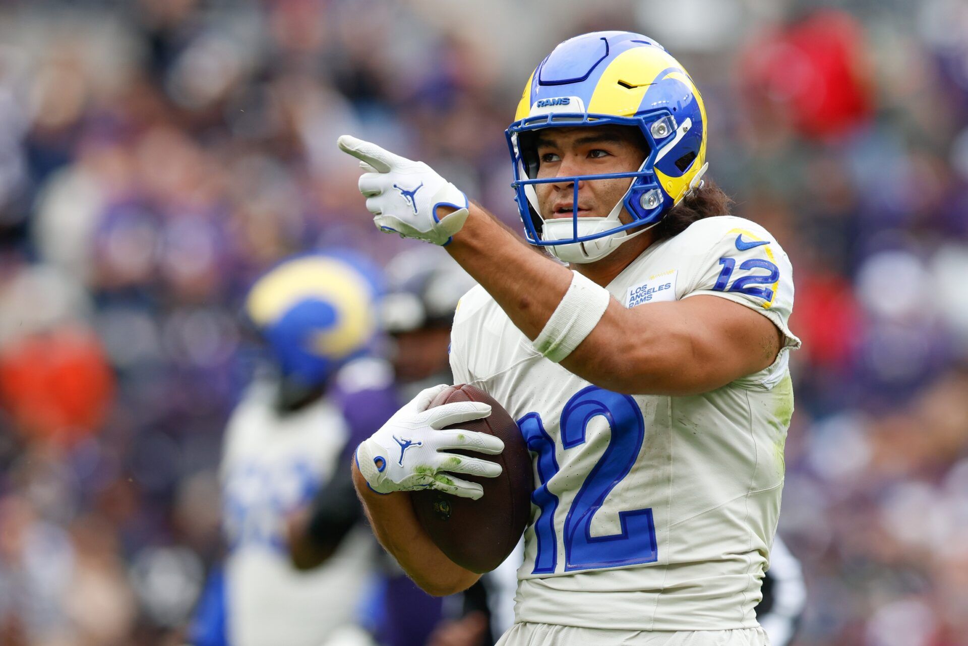 Los Angeles Rams wide receiver Puka Nacua (12) celebrates after a play against the Baltimore Ravens during the second quarter of the game at M&T Bank Stadium.