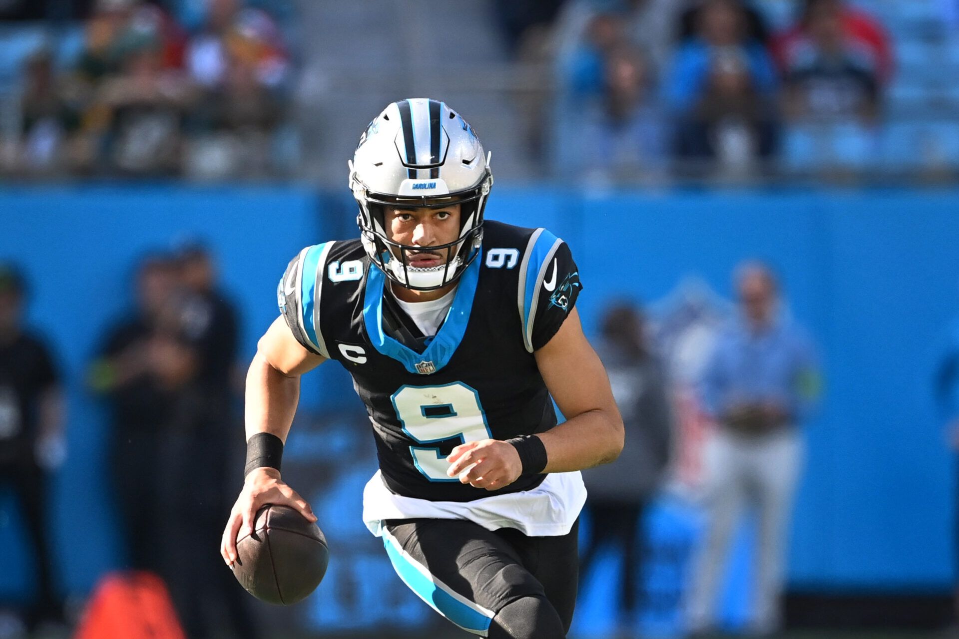 Carolina Panthers quarterback Bryce Young (9) with the ball in the second quarter at Bank of America Stadium.