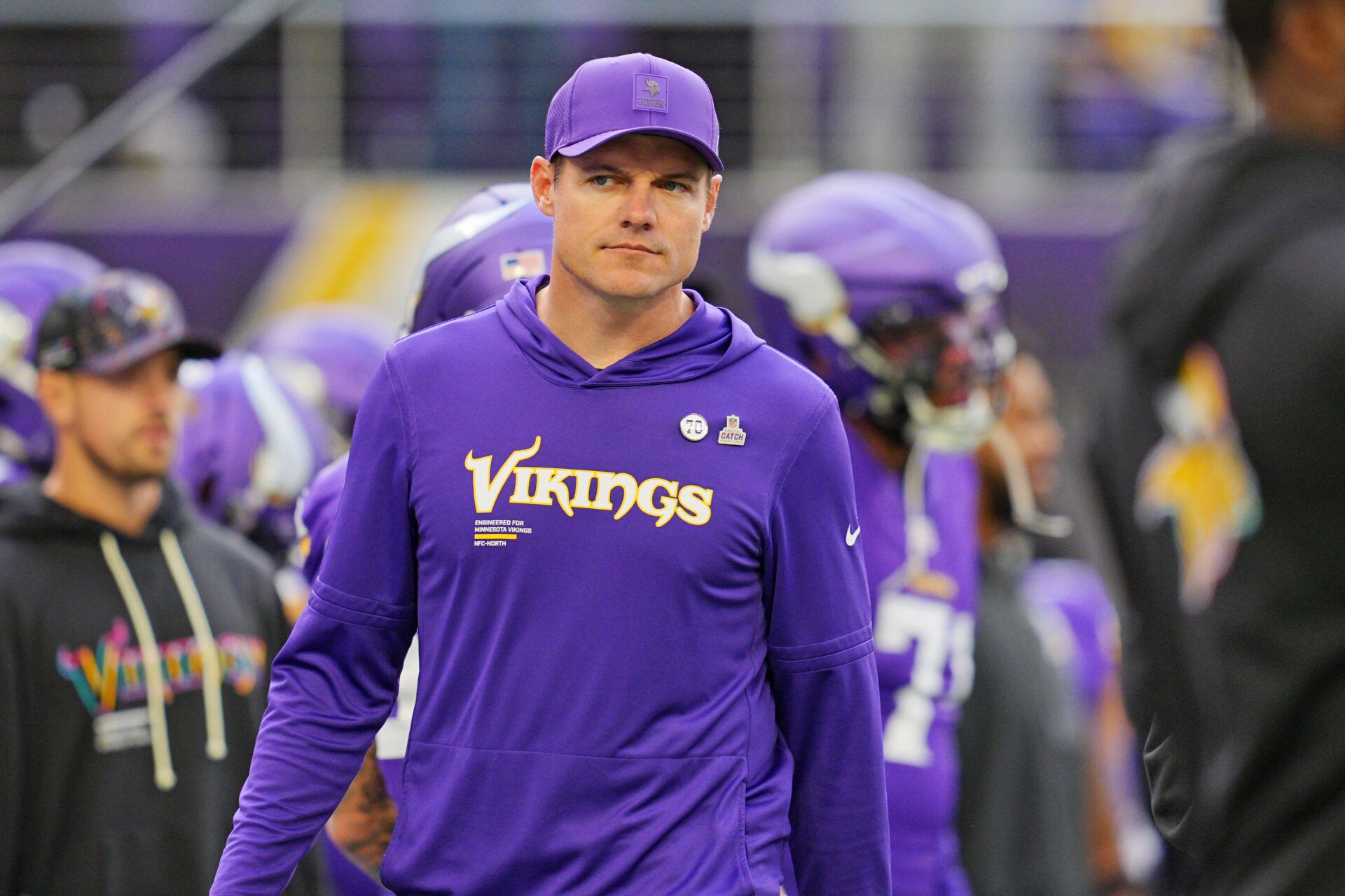 Minnesota Vikings head coach Kevin O'Connell looks on during warm-ups before the game against the Philadelphia Eagles at U.S. Bank Stadium.