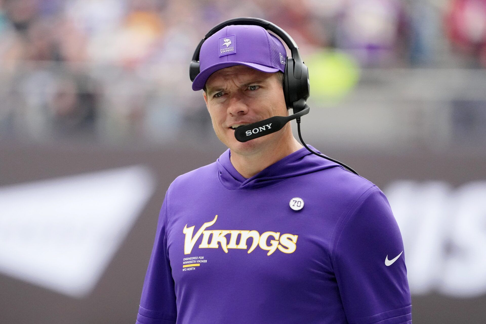 Minnesota Vikings head coach Kevin O'Connell reacts after a play against the Cleveland Browns during the second quarter of an NFL International Series game at Tottenham Hotspur Stadium.
