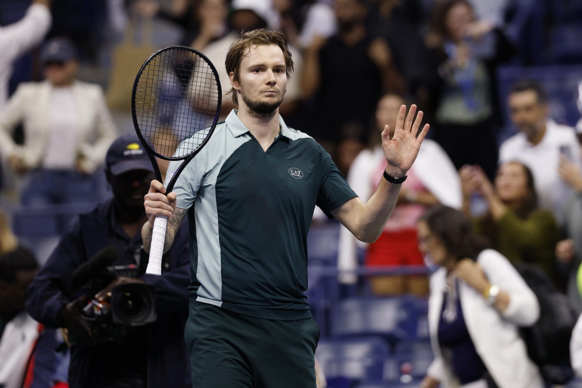 Alexander Bublik (KAZ) celebrates after his match against Tommy Paul (USA) (not pictured) on day seven of the 2025 US Open tennis championships at Billie Jean King National Tennis Center.