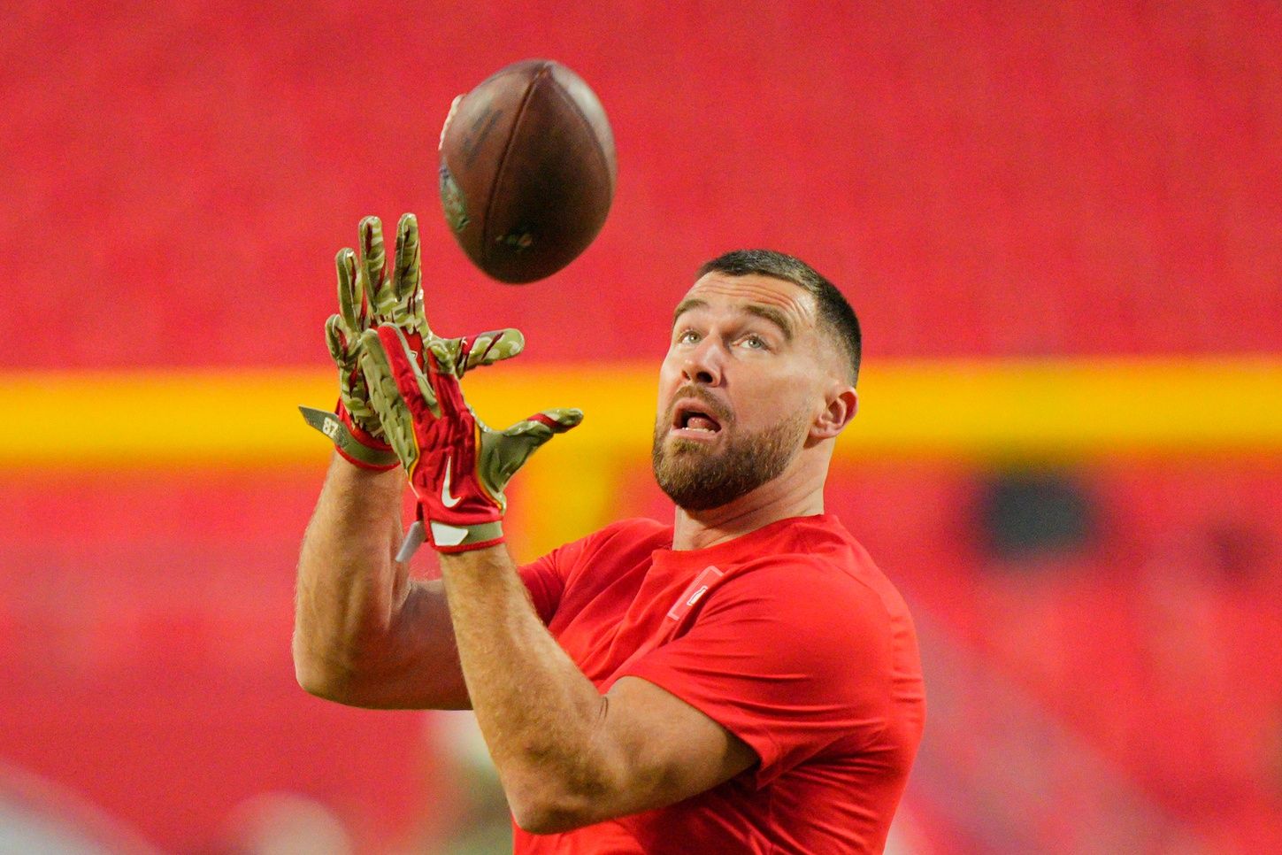 Kansas City Chiefs tight end Travis Kelce (87) warms up prior to the game against the Washington Commanders at GEHA Field at Arrowhead Stadium.