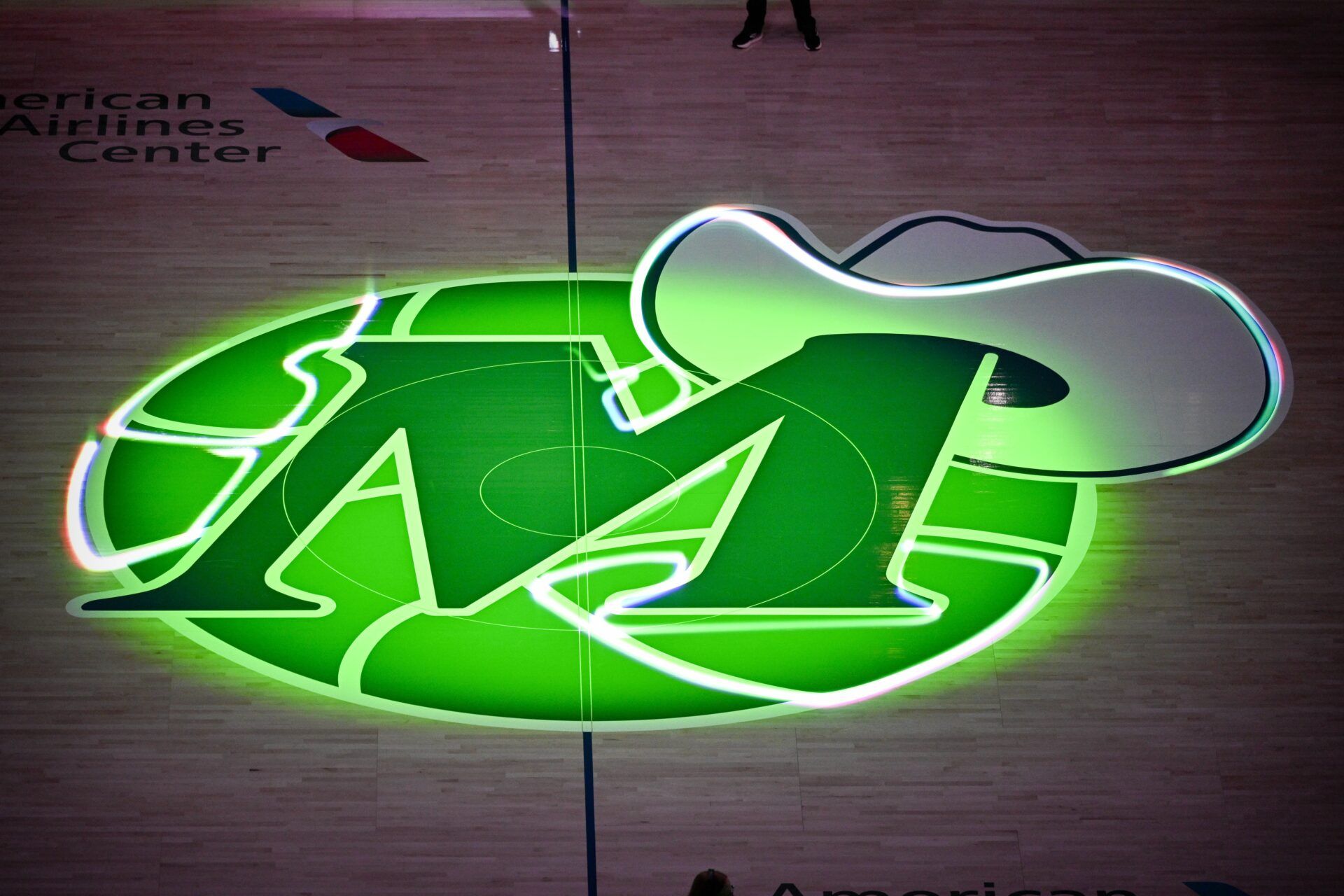 A view of the Dallas Mavericks logo at center court before the game between the Mavericks and the Oklahoma City Thunder at the American Airlines Center.