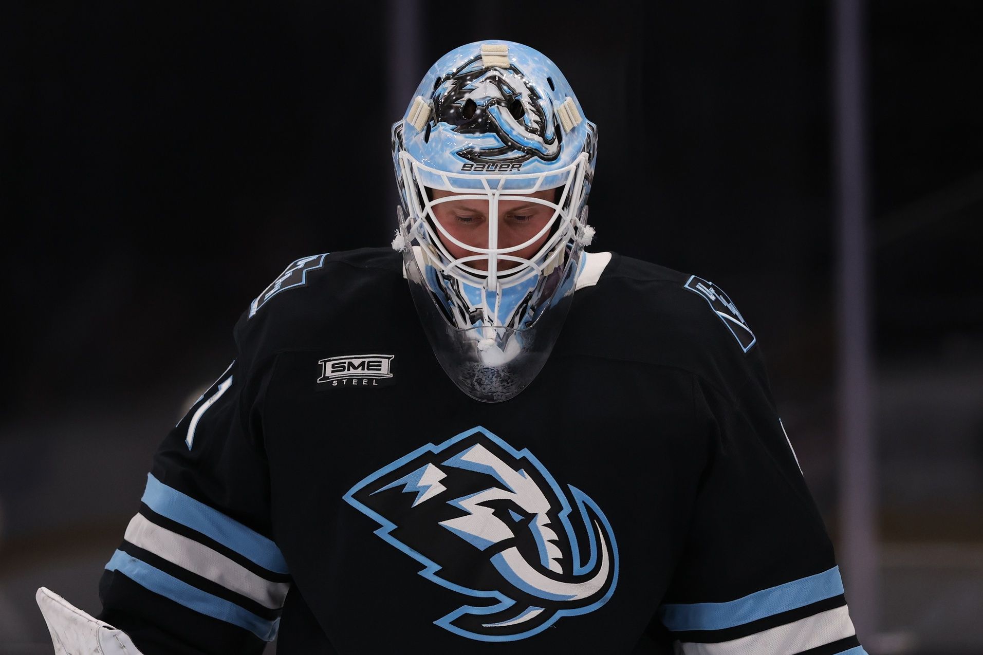 A general view of the Utah Mammoth logo on goaltender Vitek Vanecek (41) during the second period of a game against the Boston Bruins at Delta Center.