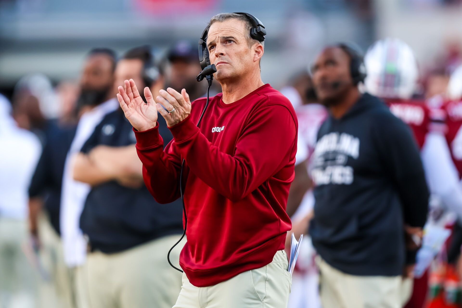 South Carolina Gamecocks head coach Shane Beamer reacts to a play against the Alabama Crimson Tide in the second quarter at Williams-Brice Stadium.