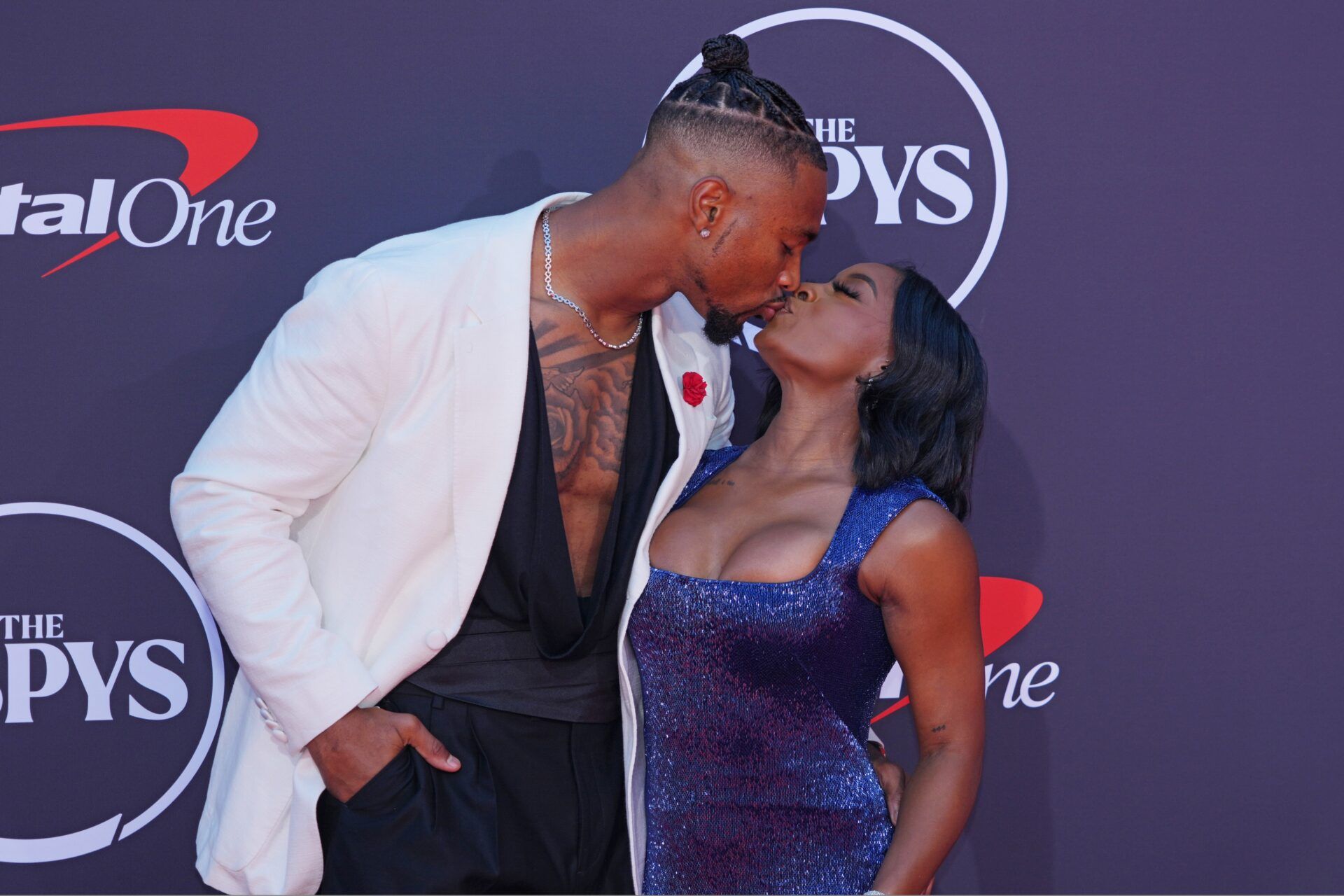 Simone Biles and Jonathan Owens on the red carpet before the ESPYS at The Dolby Theatre.