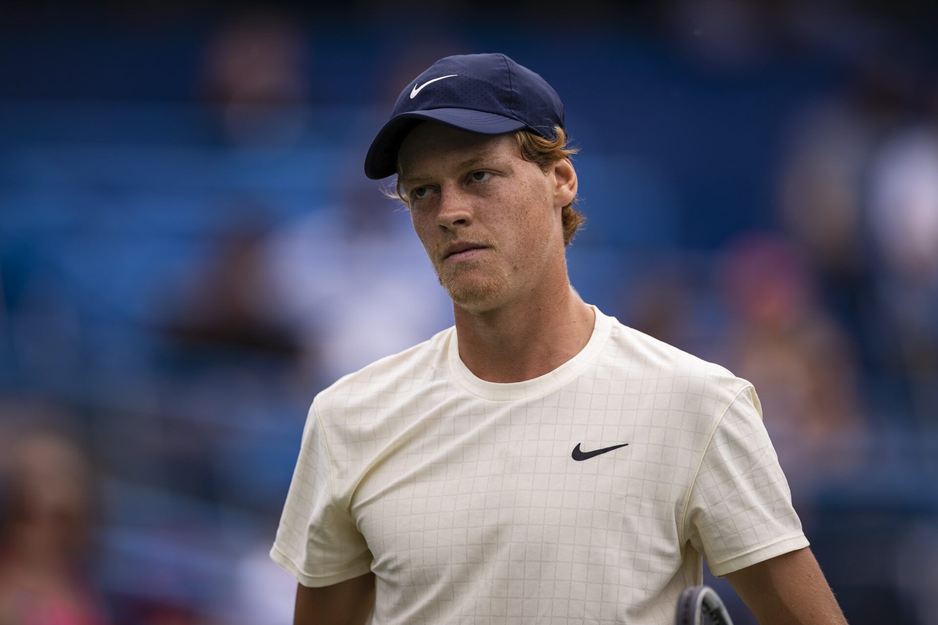 Jannik Sinner of Italy looks on against Jenson Brooksby of the United States (not pictured) during the Citi Open at Rock Creek Park Tennis Center.