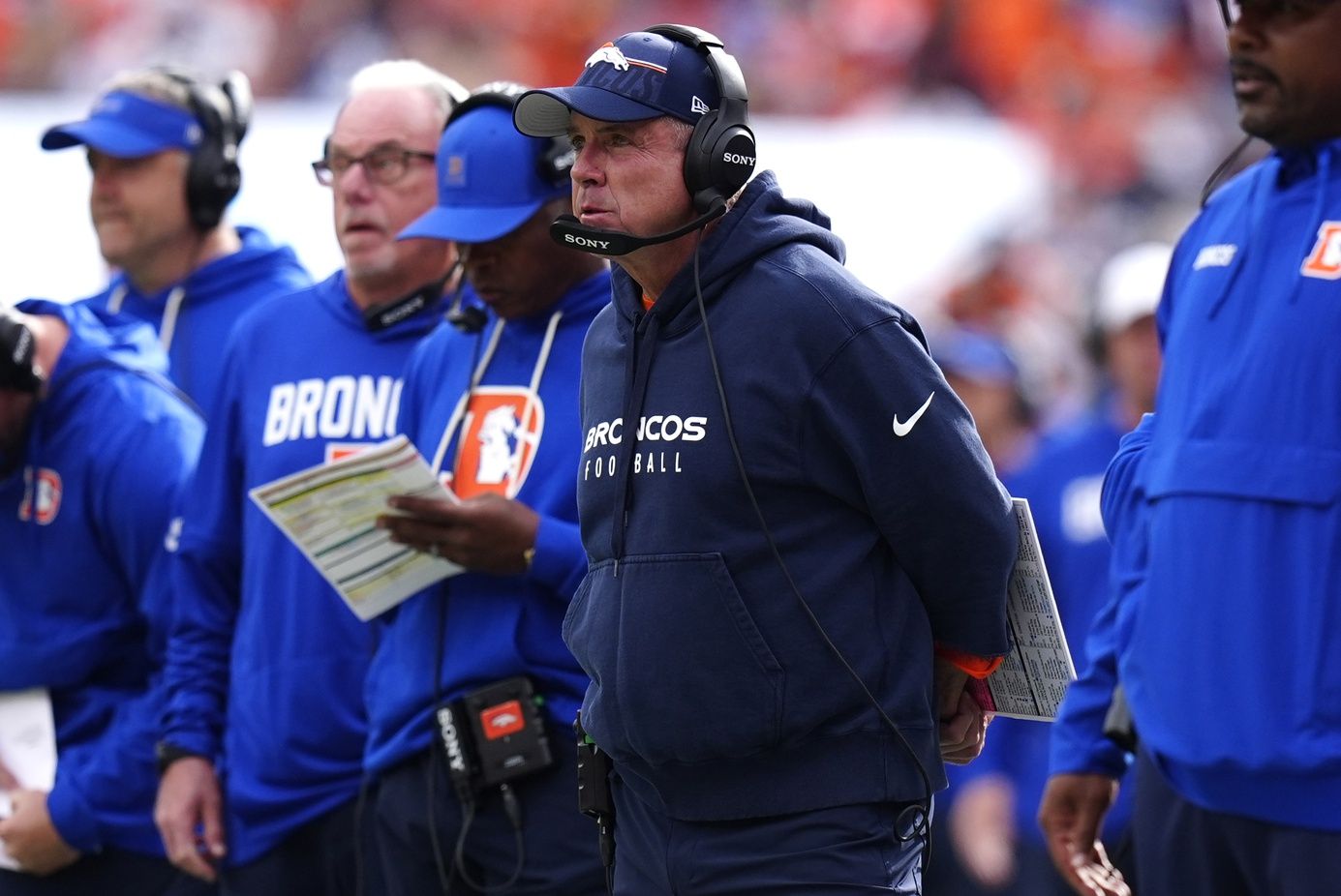 Denver Broncos head coach Sean Payton looks on in the first quarter against the Dallas Cowboys at Empower Field at Mile High.