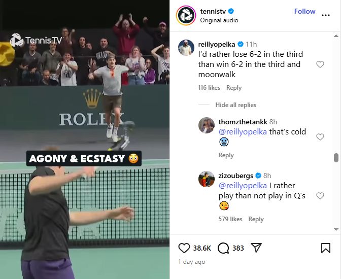Screenshot of TennisTV's Instagram post featuring Reilly Opelka and Zizou Bergs' comments | Source: IG/tennistv