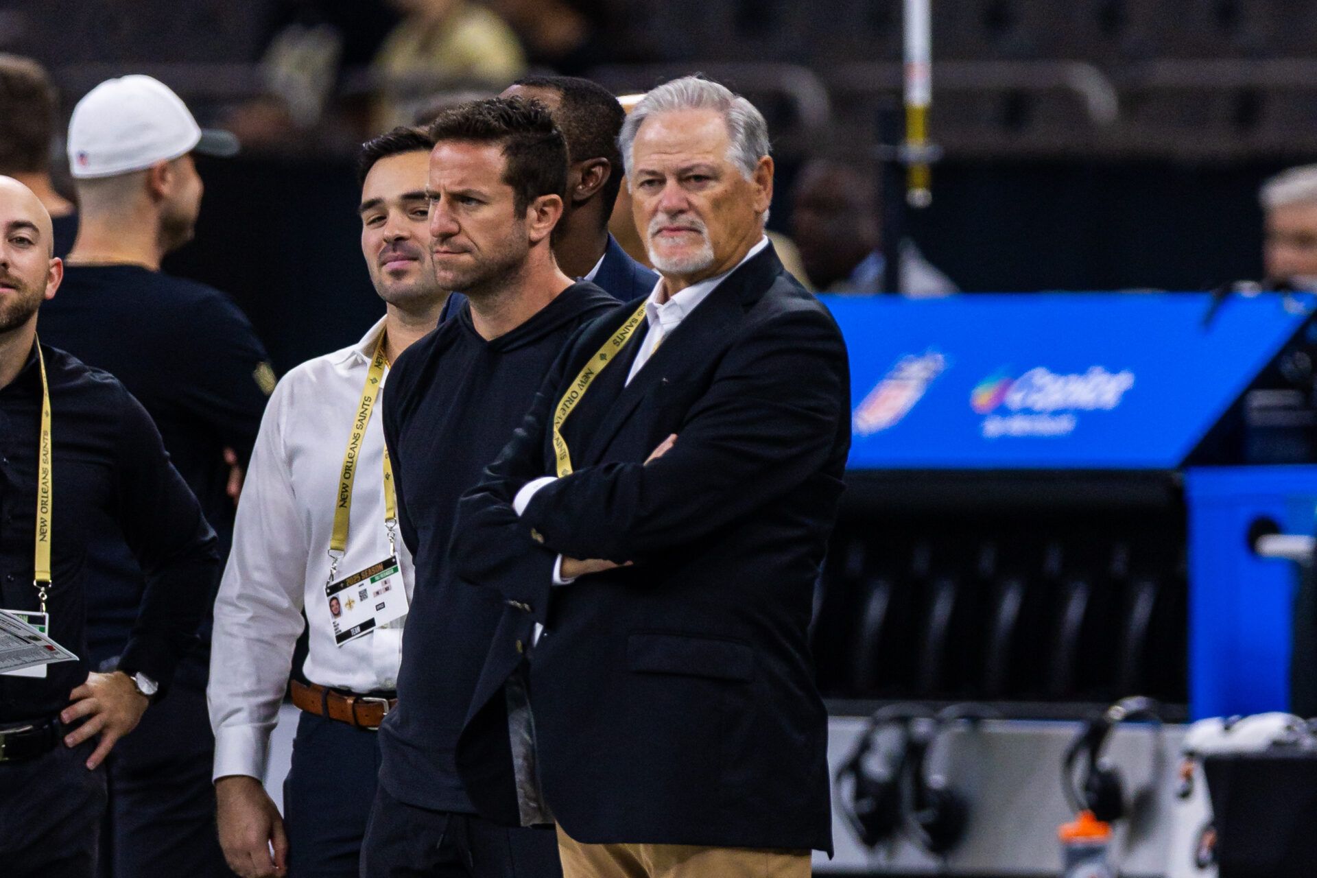 New Orleans Saints general manager Mickey Loomis looks on during warmups before the game against the Denver Broncos at Caesars Superdome.