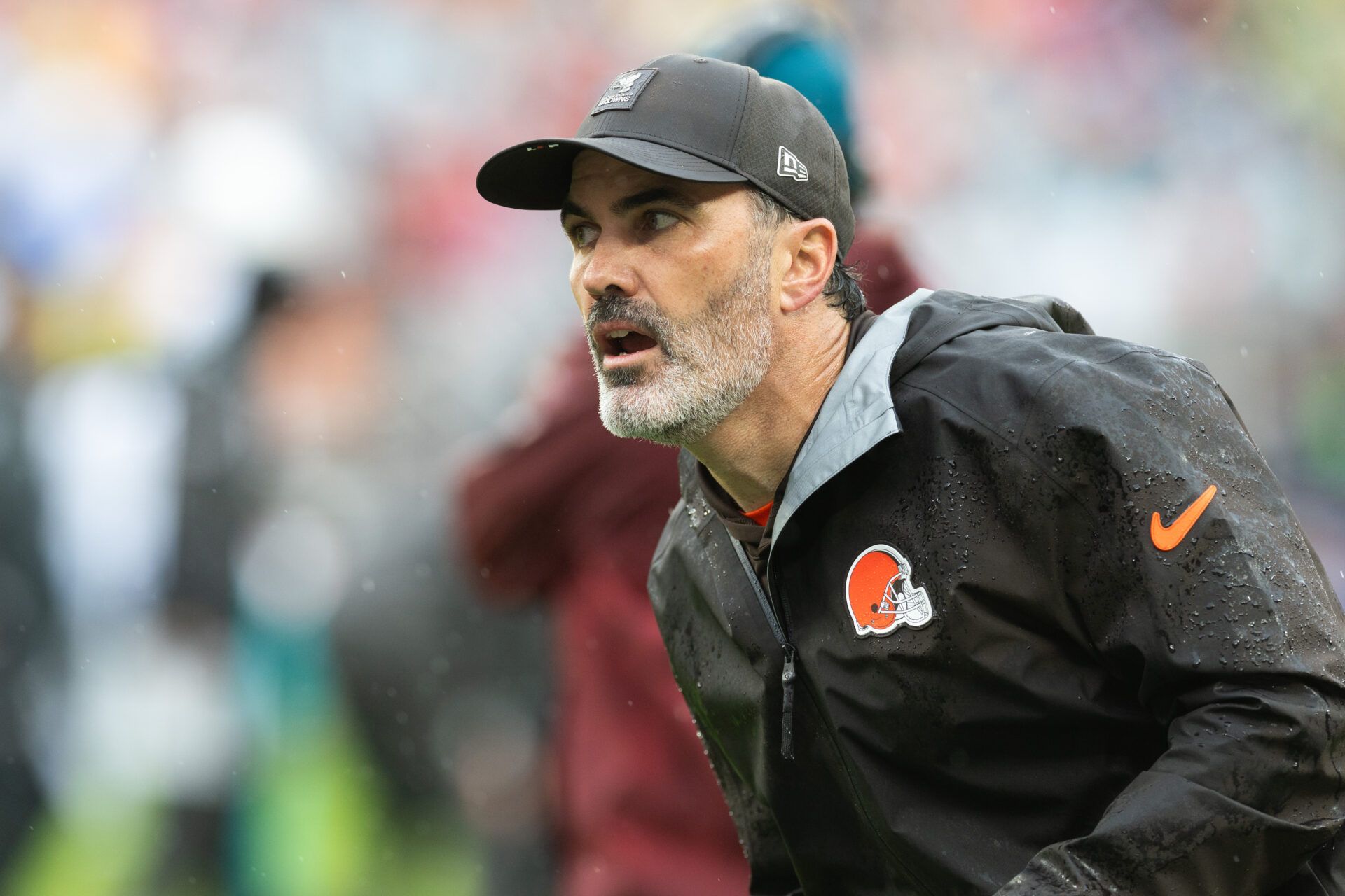 Cleveland Browns head coach Kevin Stefanski watches game play against the Miami Dolphins during the second quarter at Huntington Bank Field.