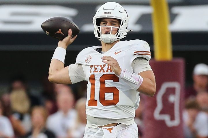 Texas Longhorns quarterback Arch Manning (16) throws a pass during the second quarter against the Mississippi State Bulldogs at Davis Wade Stadium at Scott Field.