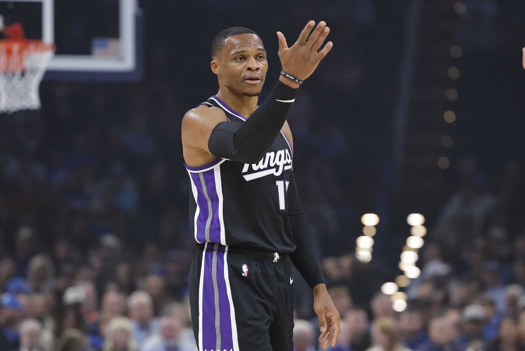 Sacramento Kings guard Russell Westbrook (18) gestures after scoring a three point basket against Oklahoma City Thunder during the first quarter at Paycom Center.