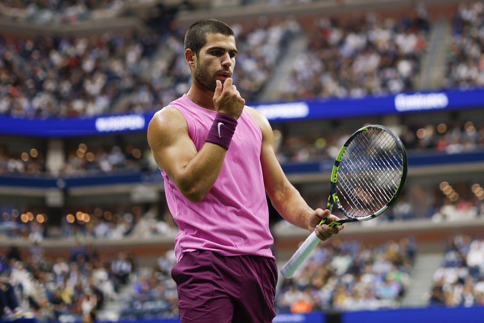 Carlos Alcaraz (ESP) reacts against Jannik Sinner (ITA) (not pictured) during the final of mens singles at Billie Jean King National Tennis Center.