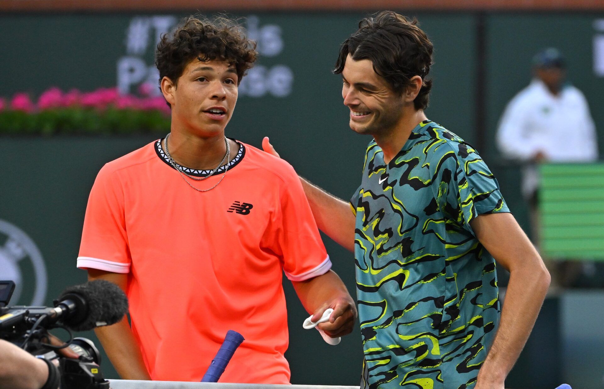 Ben Shelton (USA) congratulates Taylor Fritz (USA) after winning their second round match in the BNP Paribas Open at the Indian Wells Tennis Garden.