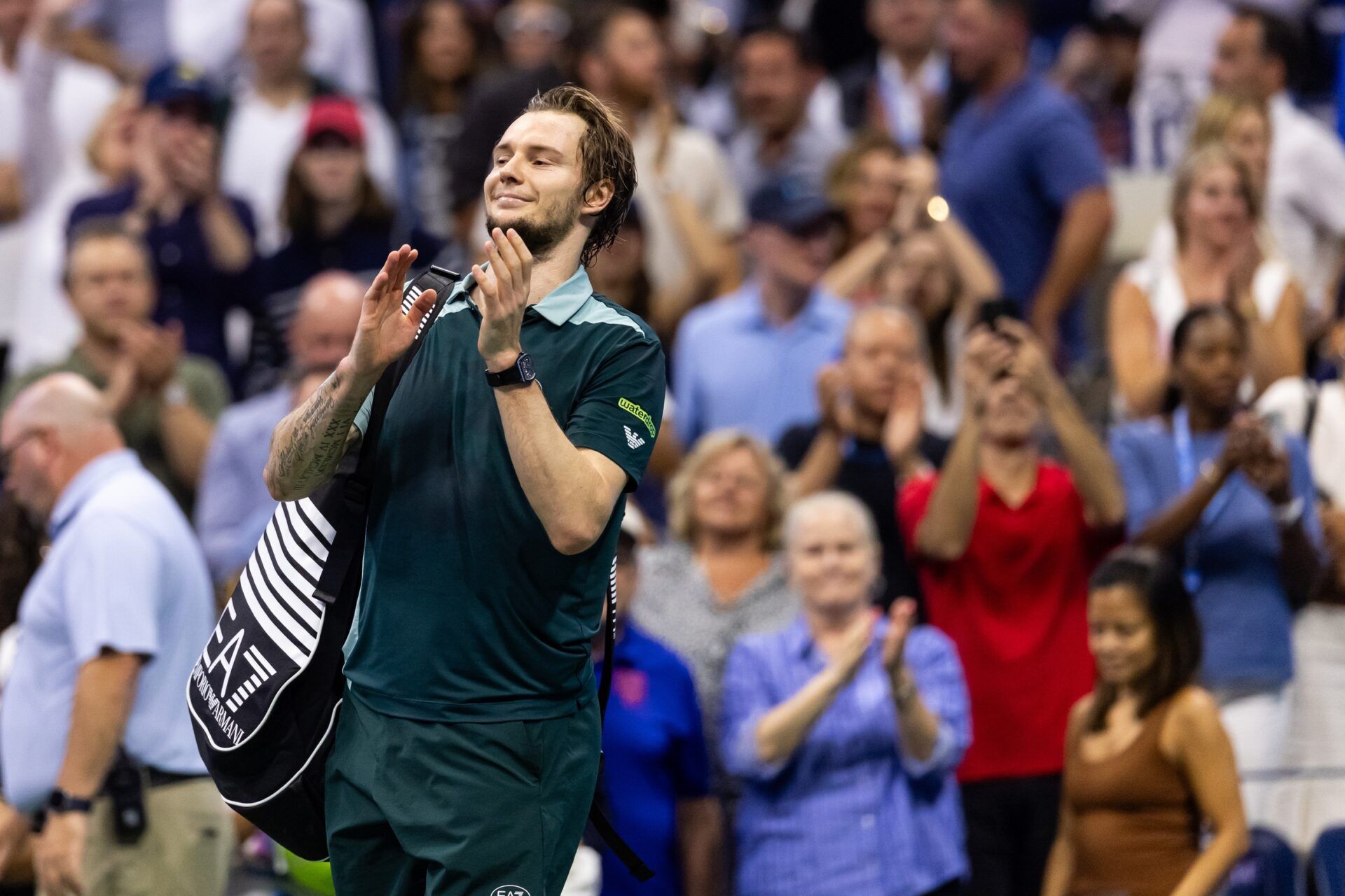 Alexander Bublik of Kazakhstan acknowledges the audience after his match against Jannik Sinner of Italy in the fourth round of the men’s singles at the US Open at Arthur Ashe Stadium in Billie Jean King National Tennis Center.