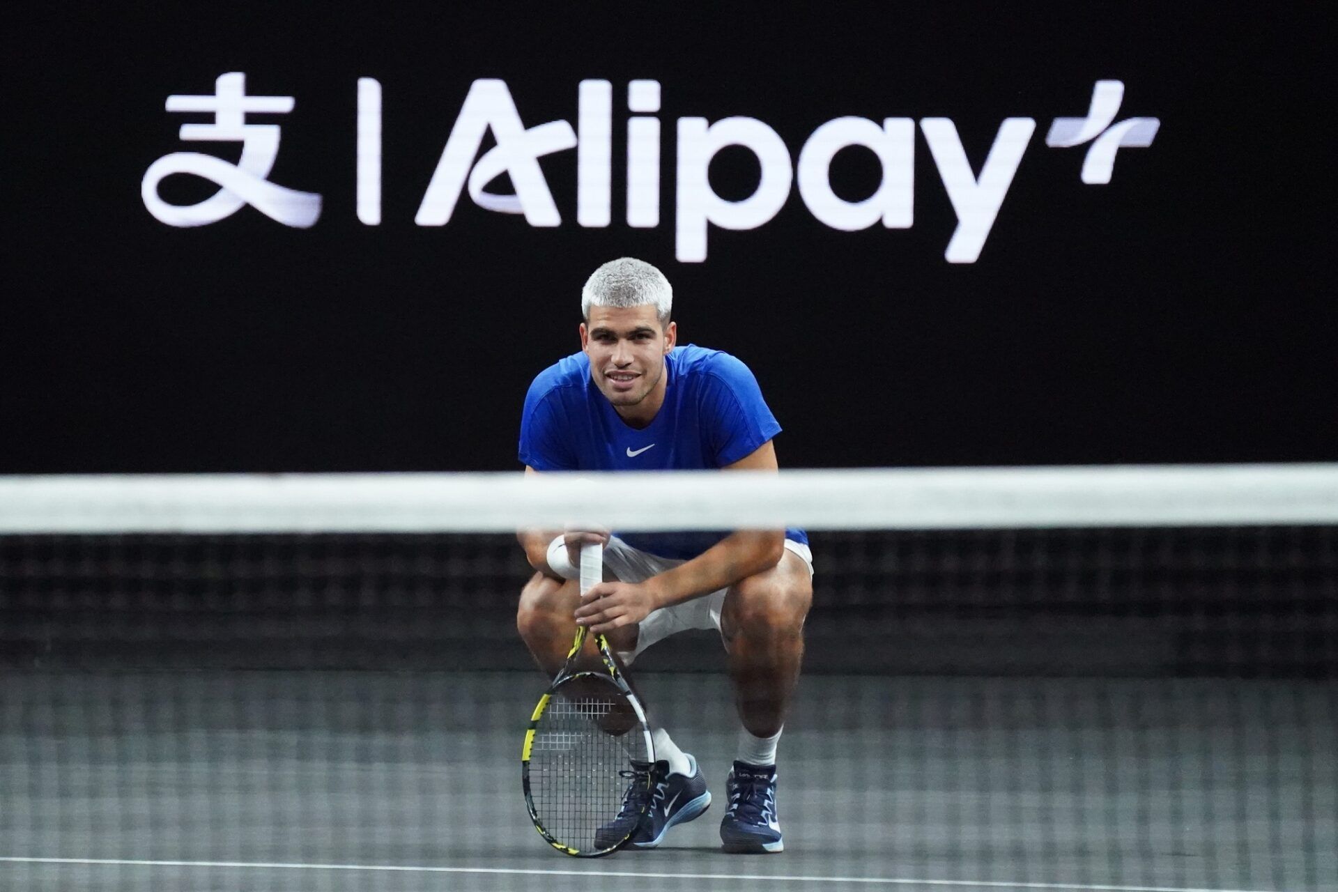 San Francisco, CA, USA; Team Europe player Carlos Alcaraz is in disbelief after missing a volley during a doubles match against Team World Taylor Fritz and Alex Michelsen during match four of the Laver Cup at Chase Center.