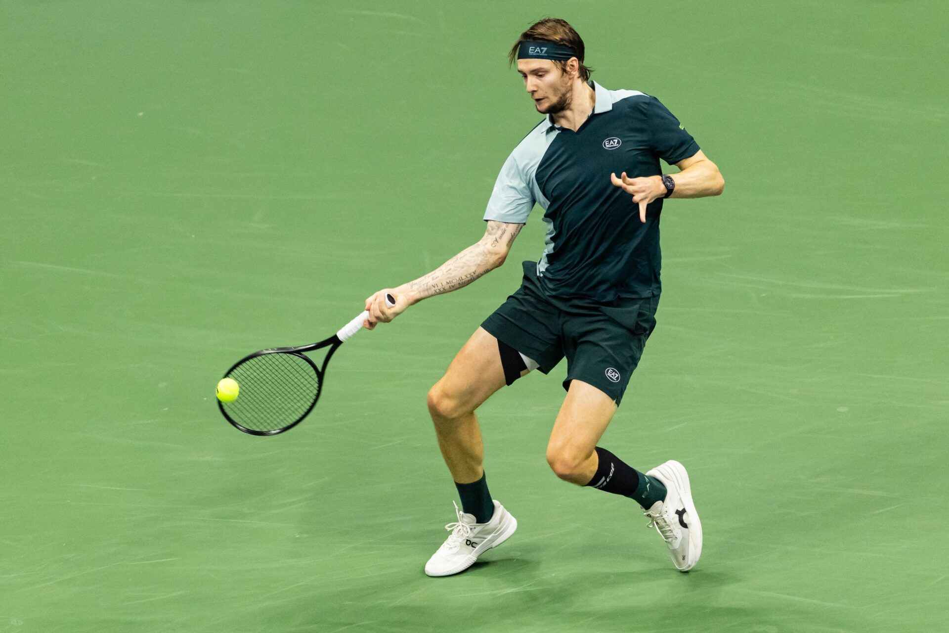 Alexander Bublik of Kazakhstan in action against Jannik Sinner of Italy in the fourth round of the men’s singles at the US Open at Arthur Ashe Stadium in Billie Jean King National Tennis Center.