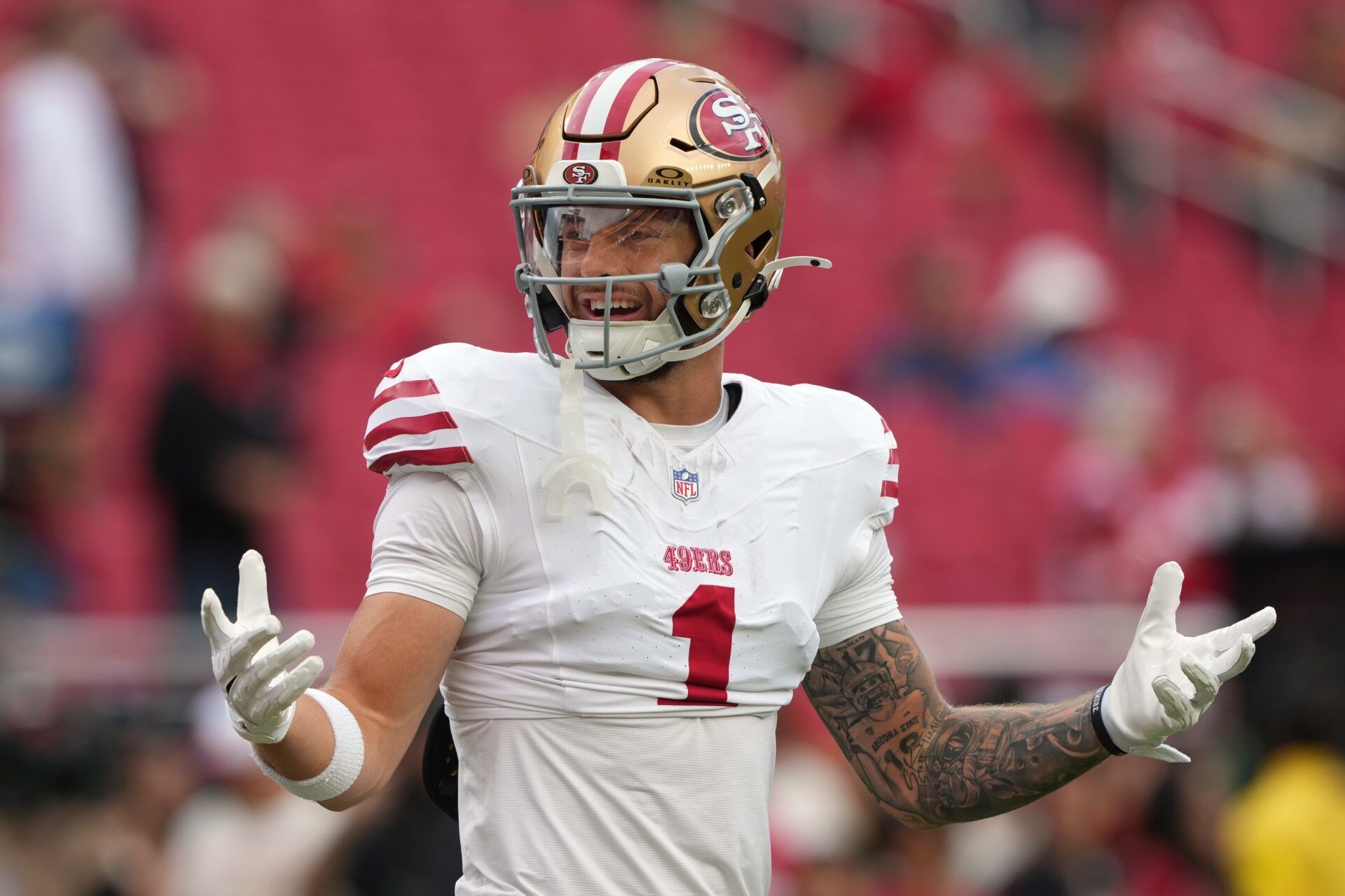 San Francisco 49ers wide receiver Ricky Pearsall (1) before the game against the Jacksonville Jaguars at Levi's Stadium.