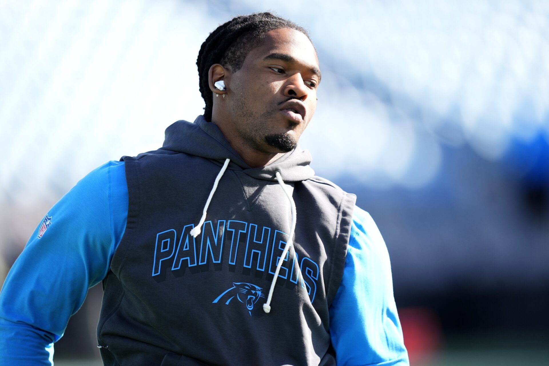 Carolina Panthers running back Rico Dowdle (5) warms up before a game against the Buffalo Bills at Bank of America Stadium.