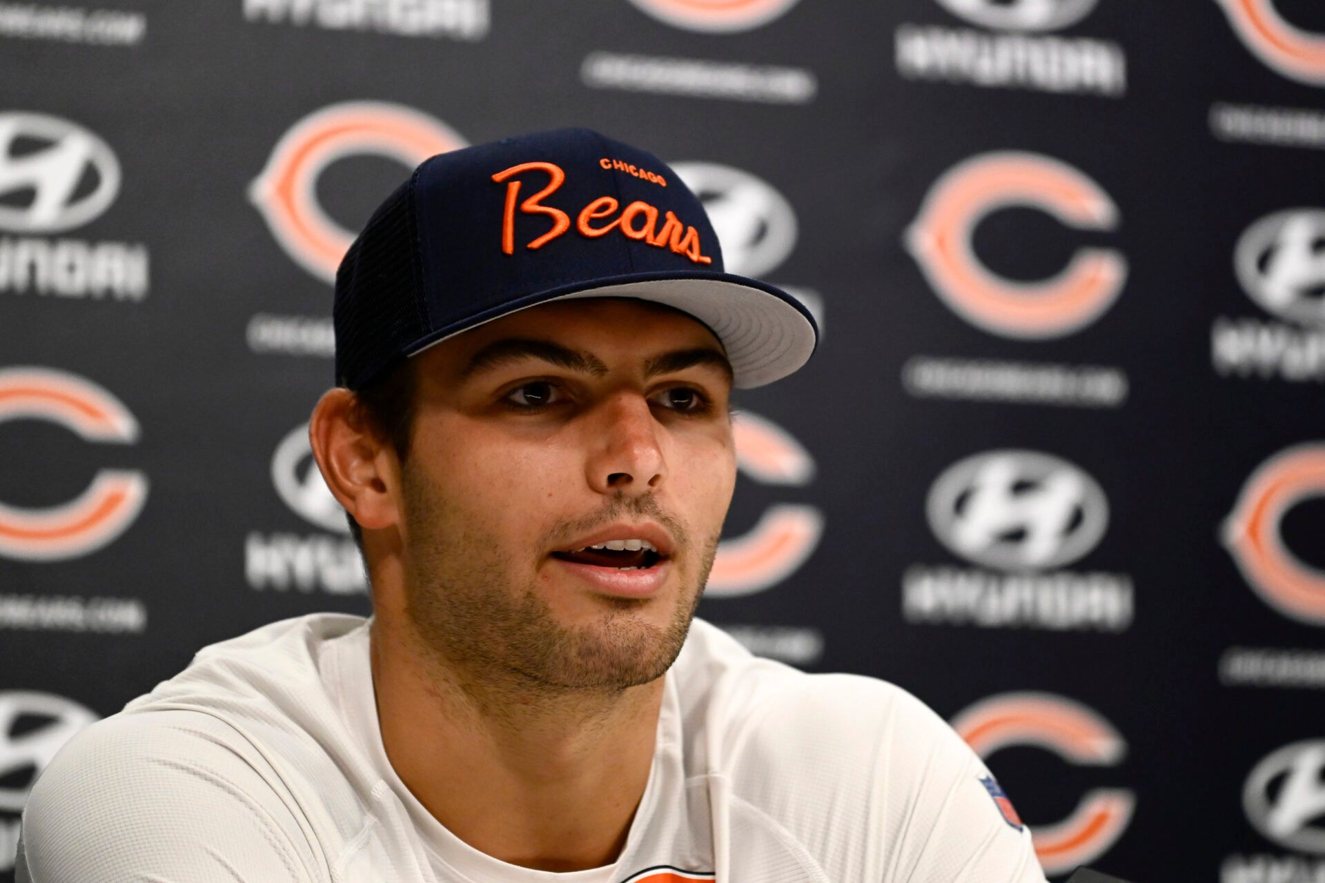 Chicago Bears tight end Cole Kmet (85) talks with the media during training camp at PNC Center at Halas Hall.