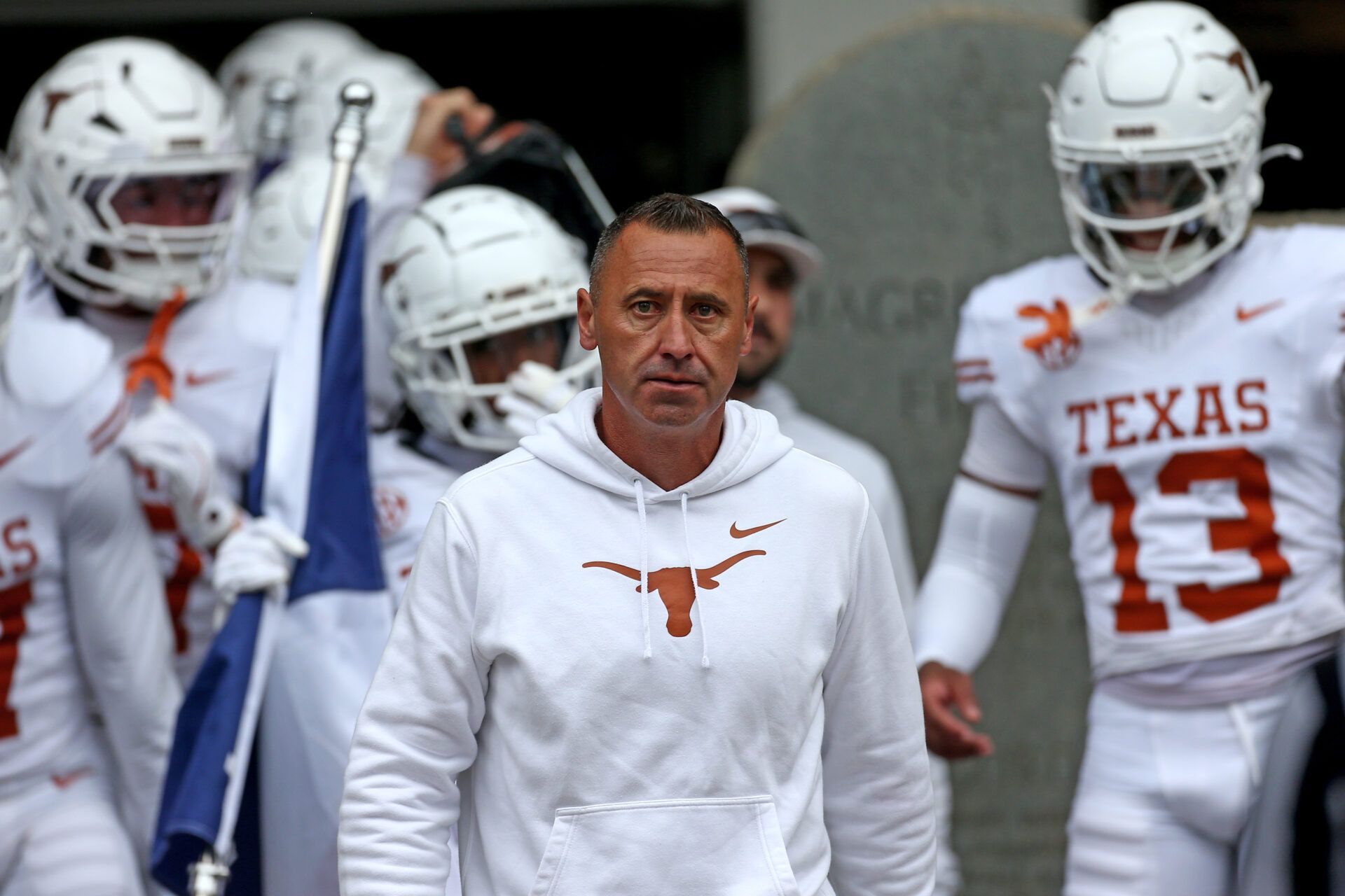 Texas Longhorns head coach Steve Sarkisian walks out of the lockerroom prior to the game against the Mississippi State Bulldogs at Davis Wade Stadium at Scott Field.